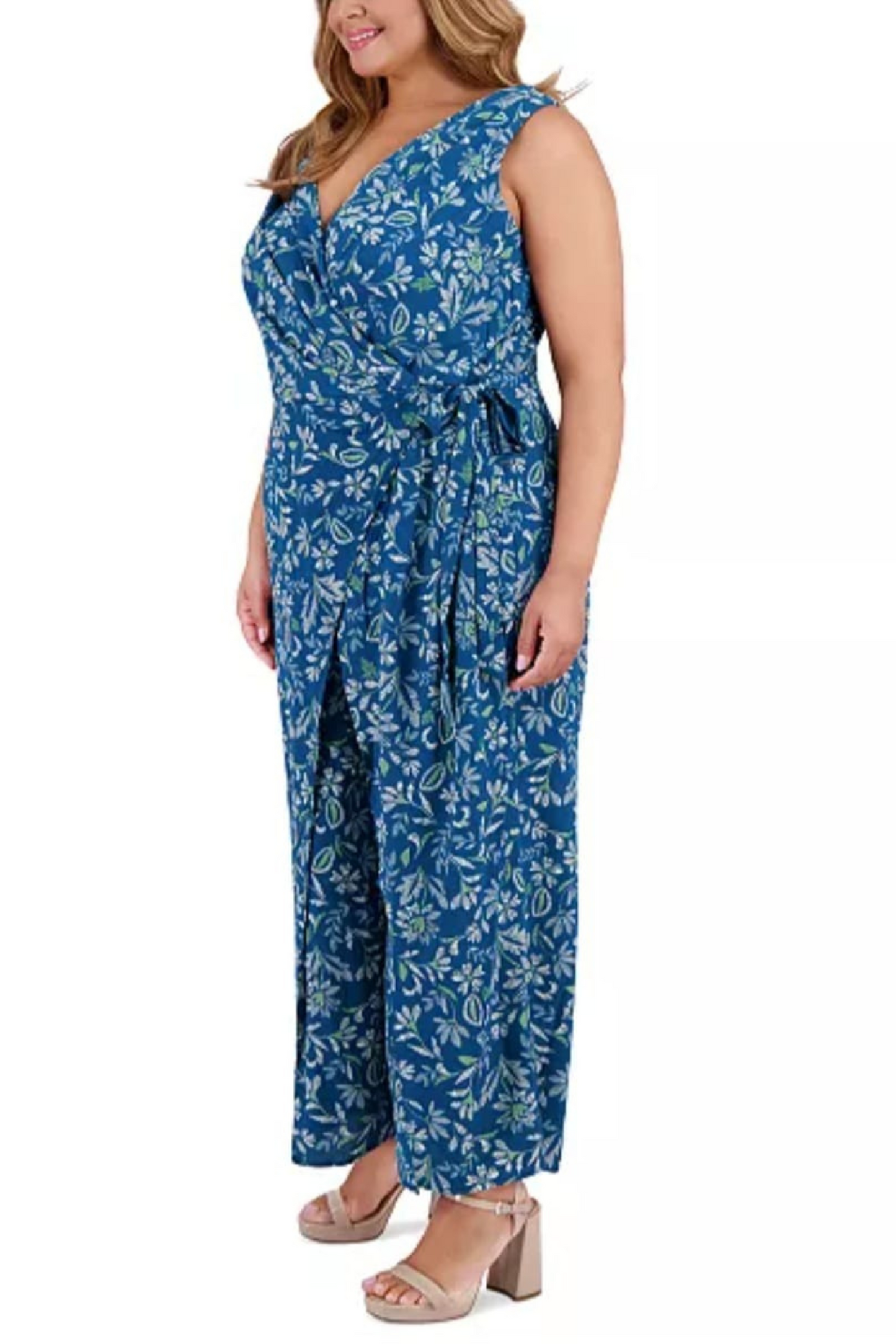 London Times Floral Print Sleeveless Jumpsuit
