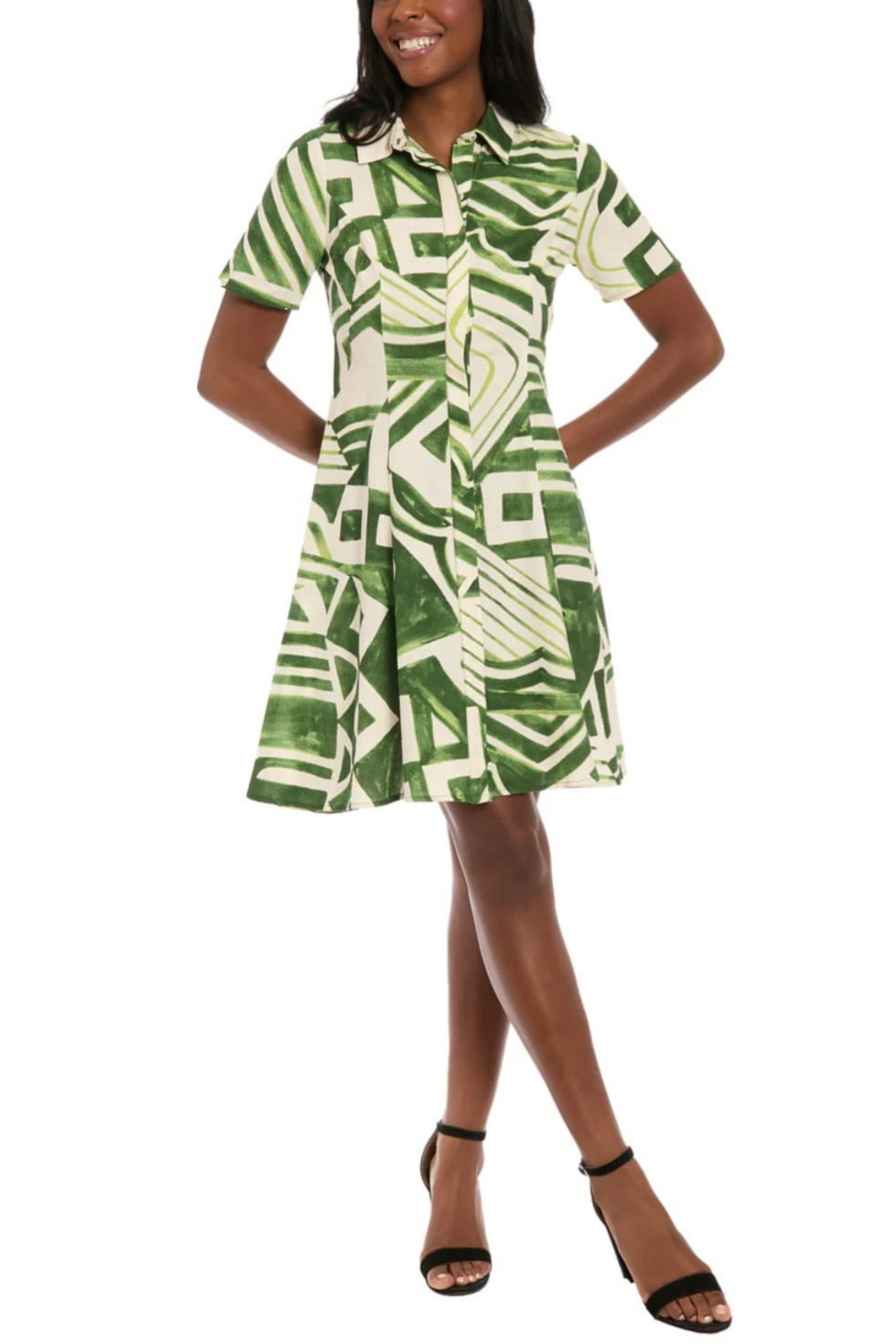 London Times Abstract Print Button Down Dress