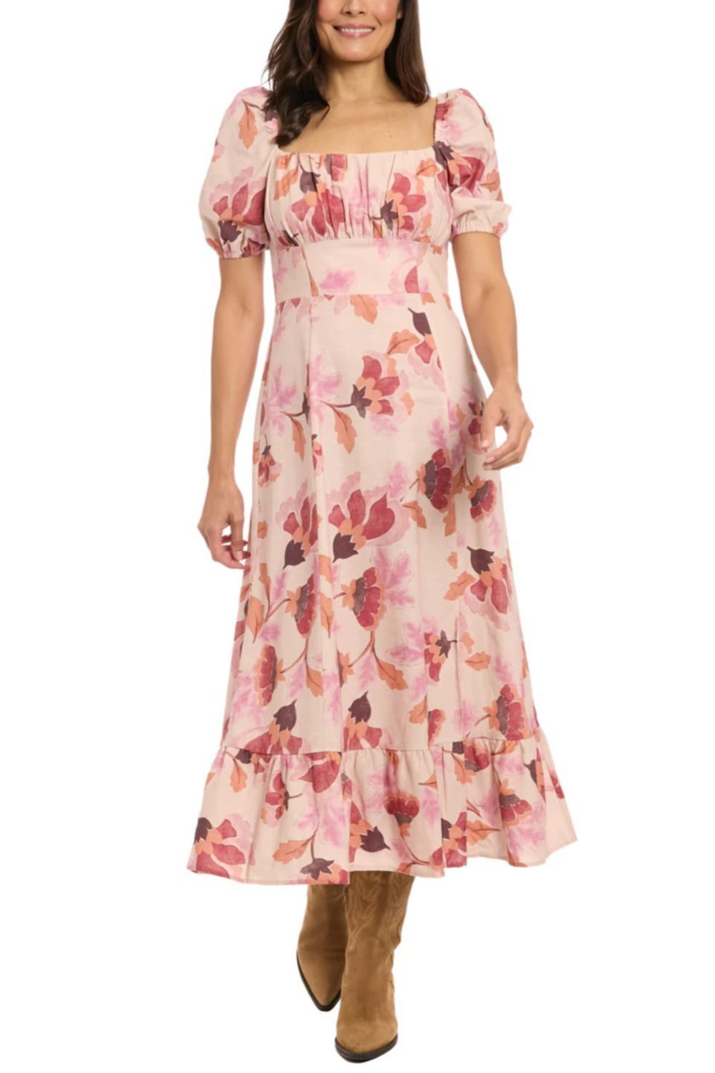 London Times Floral Print Ruffle Maxi Dress