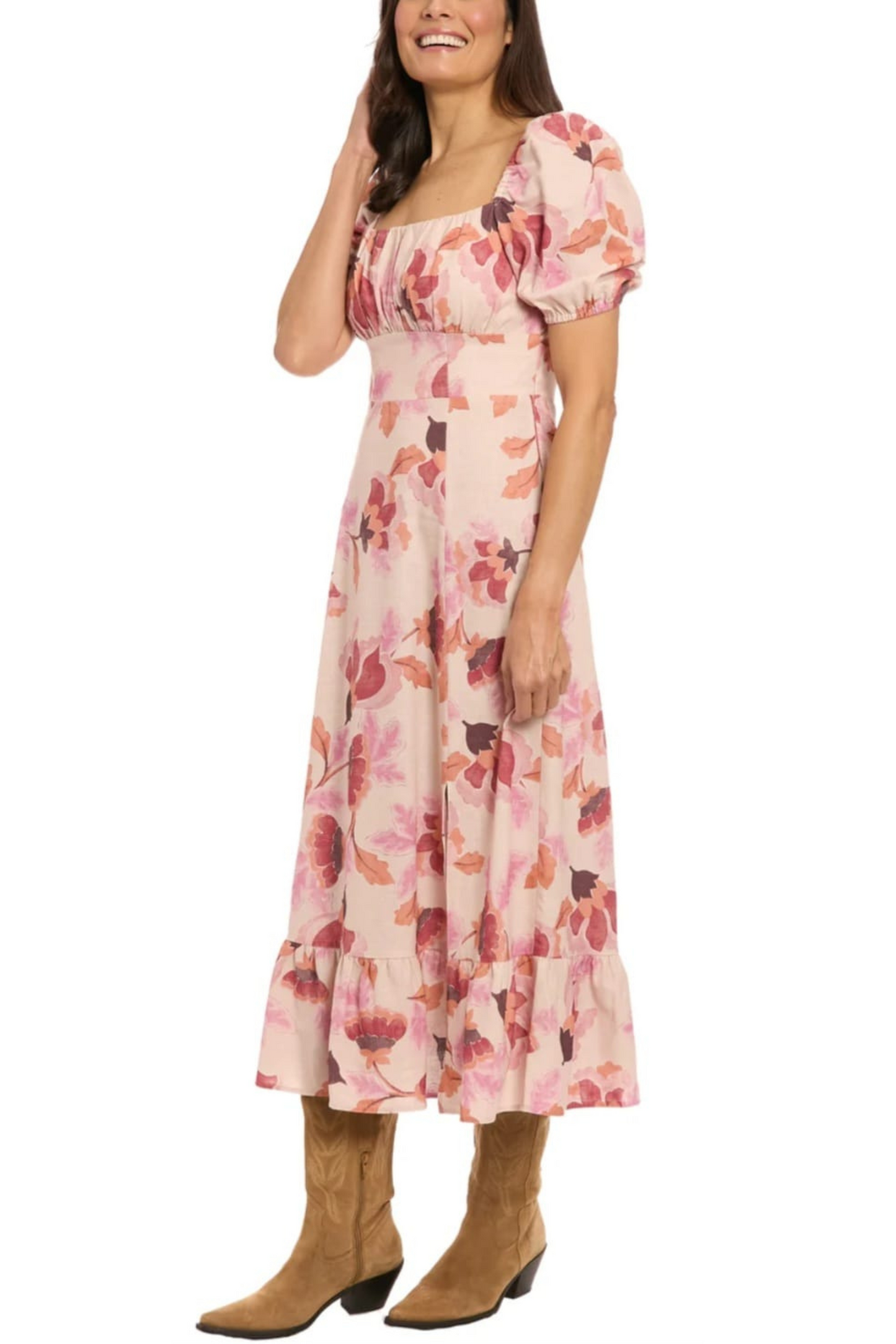 London Times Floral Print Ruffle Maxi Dress