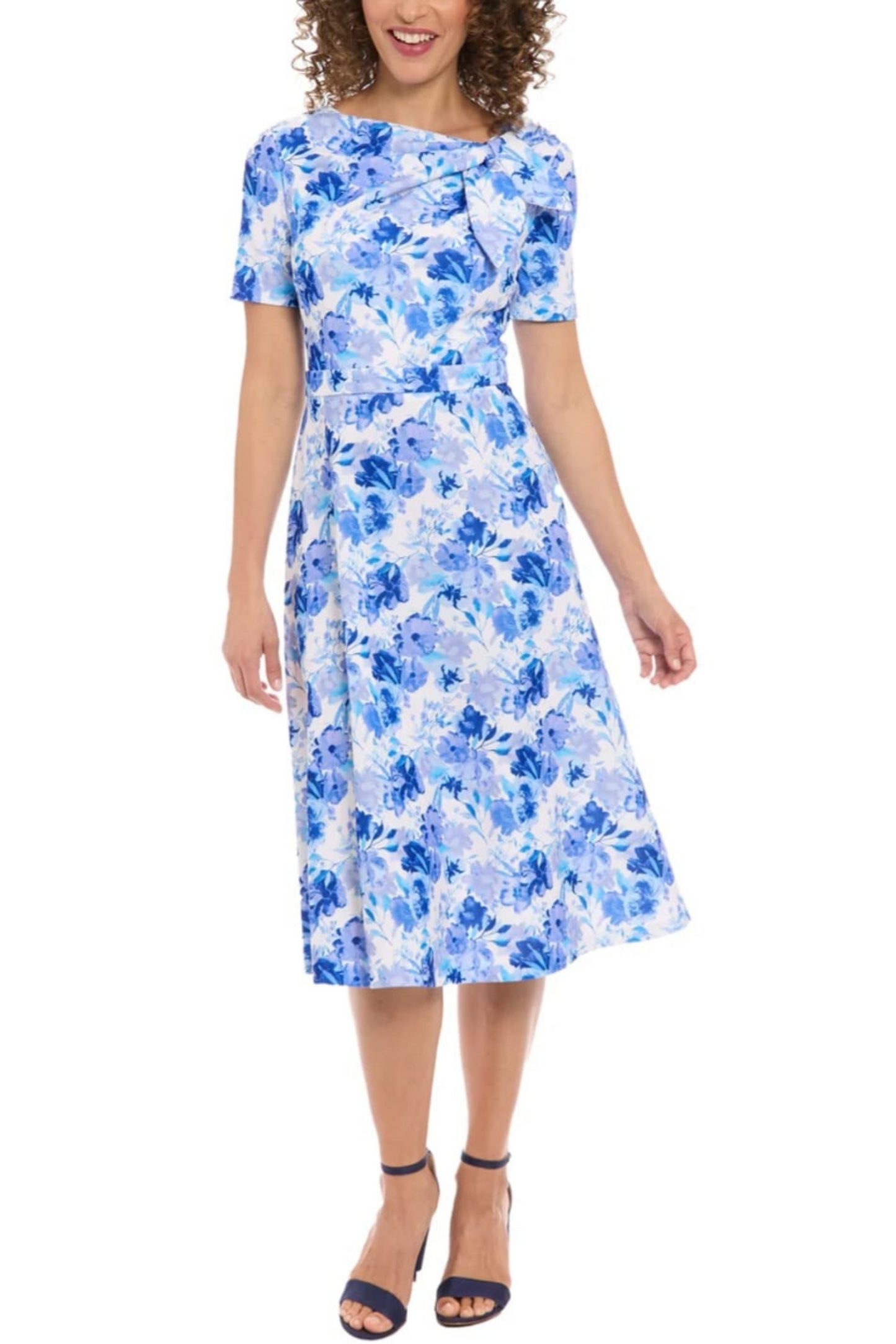 London Times Floral Print A-Line Midi Dress