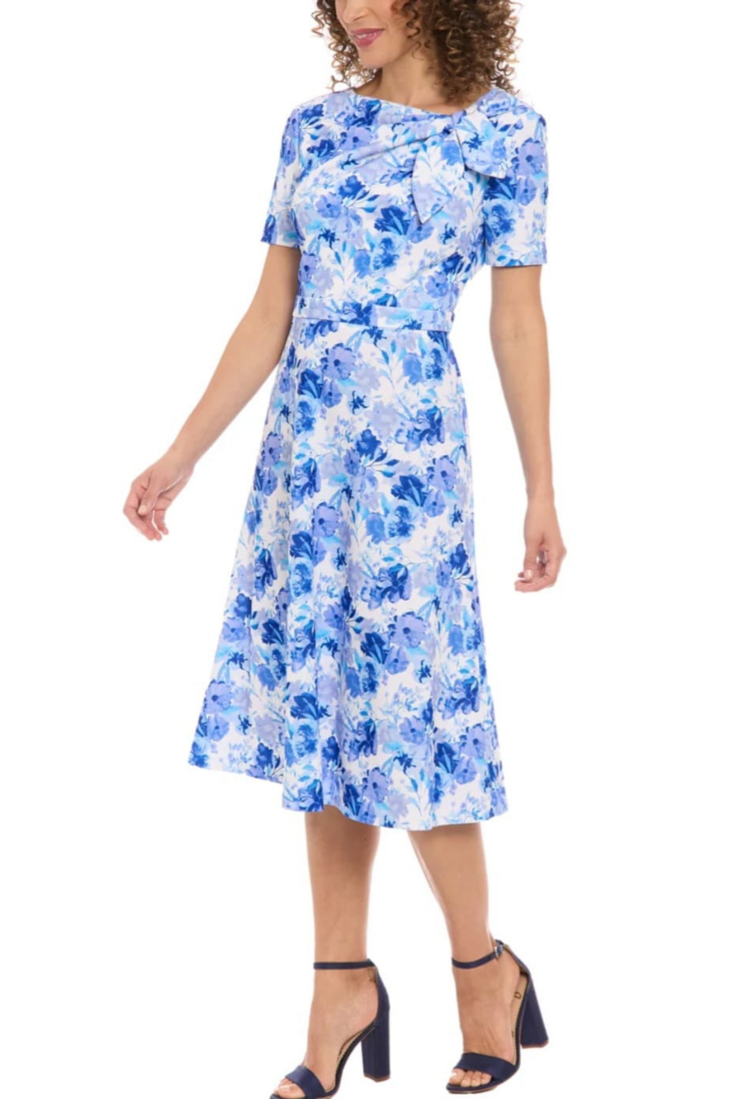 London Times Floral Print A-Line Midi Dress