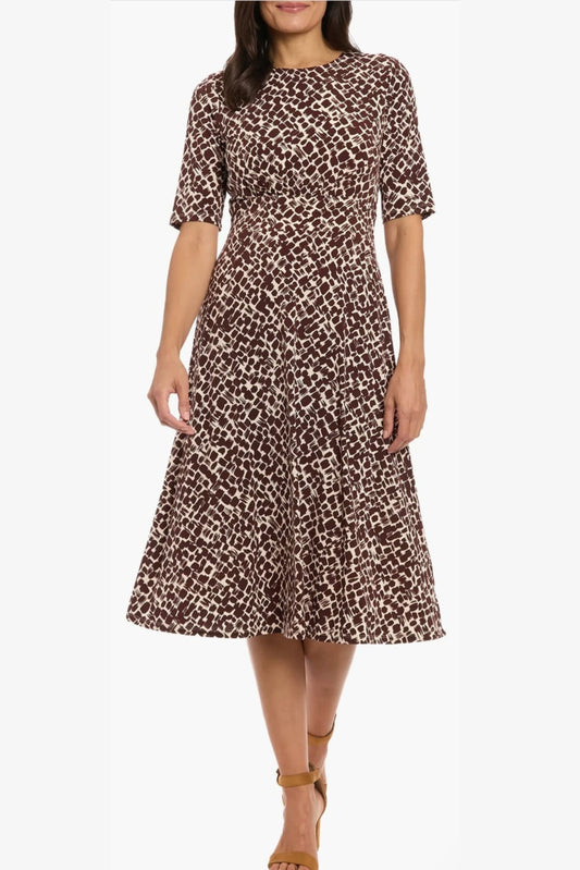 London Times Multi Print A-Line Midi Dress