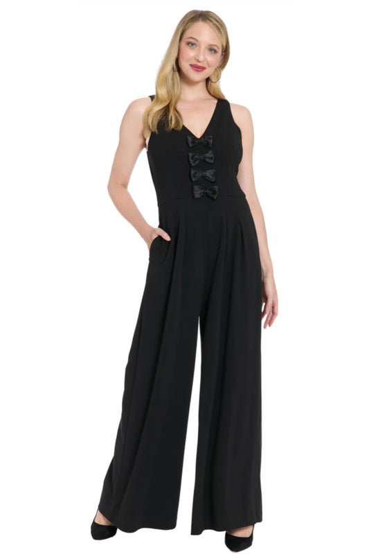 London Times Bow-Accent Sleeveless Wide-Leg Jumpsuit