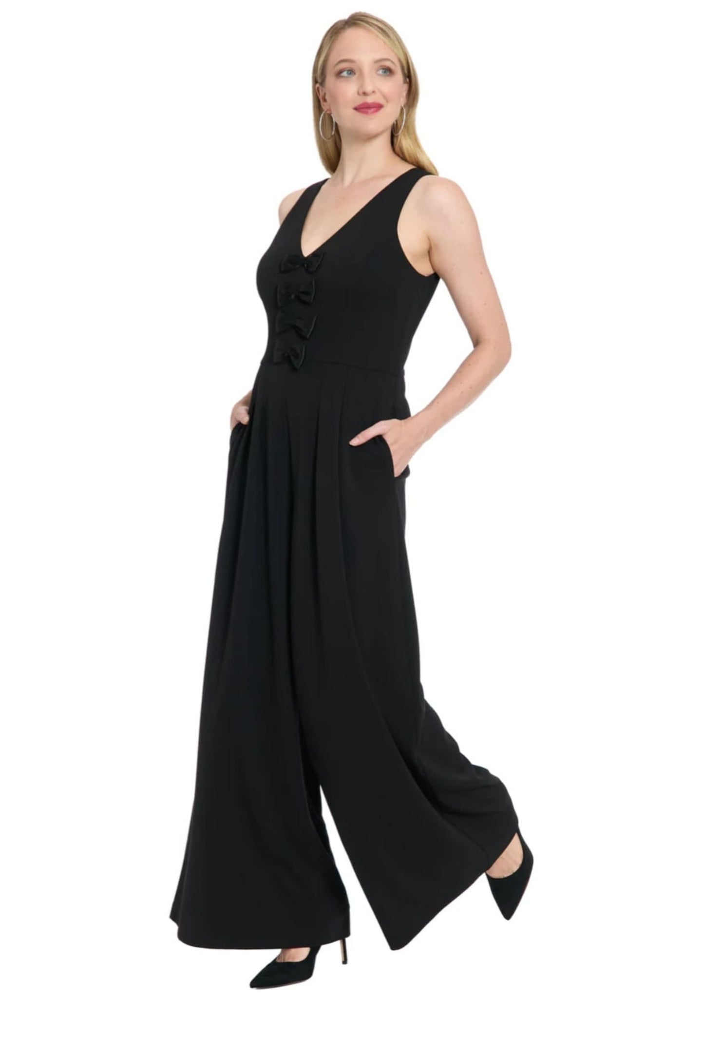 London Times Bow-Accent Sleeveless Wide-Leg Jumpsuit