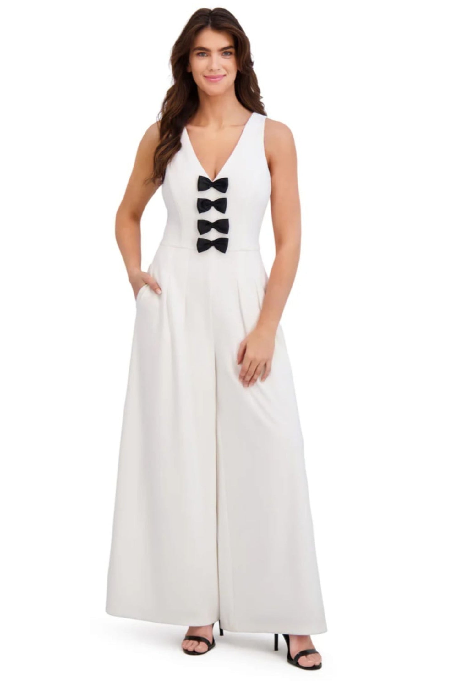 London Times Bow-Accent Sleeveless Wide-Leg Jumpsuit