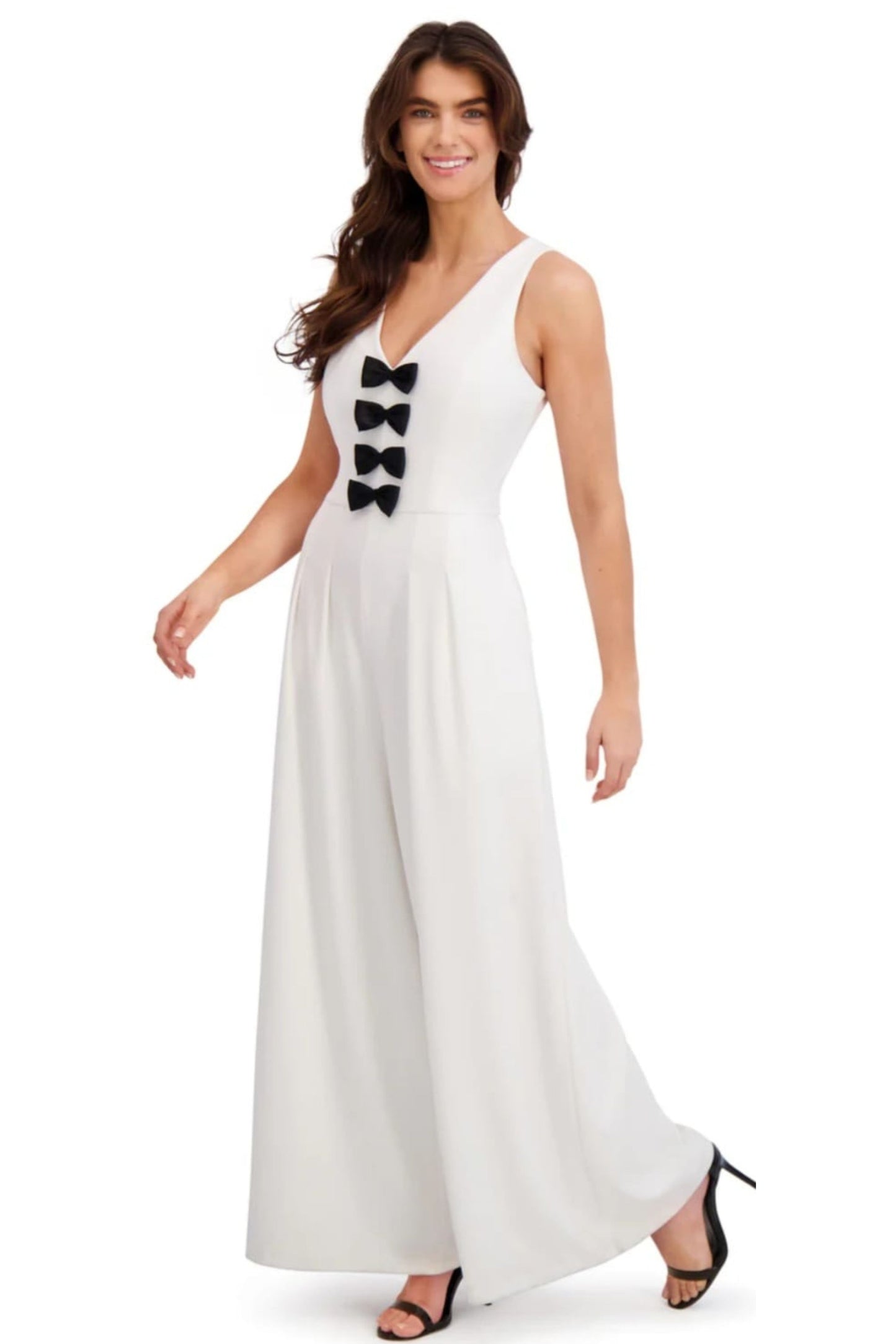 London Times Bow-Accent Sleeveless Wide-Leg Jumpsuit
