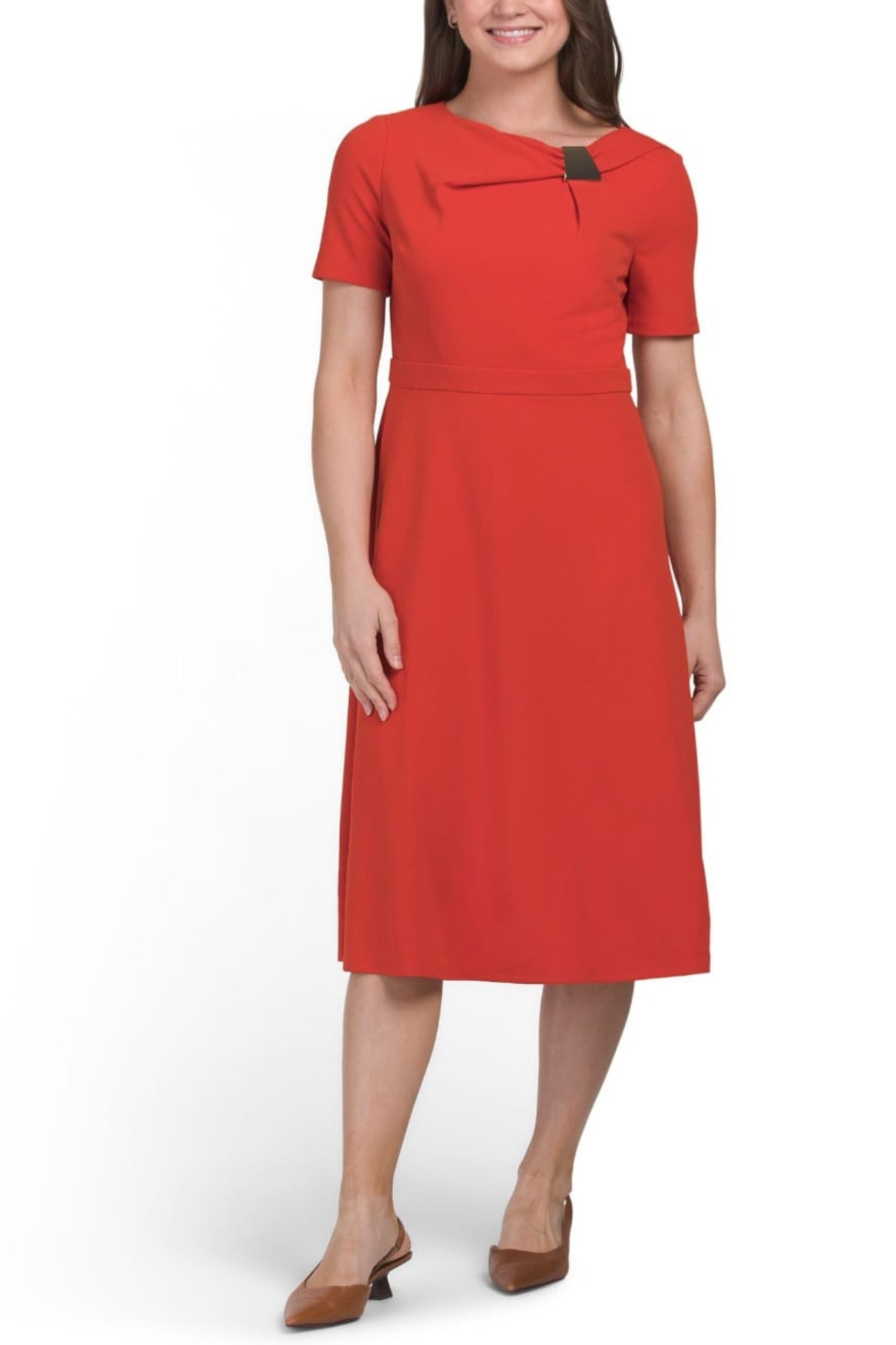 London Times Short Sleeve A-Line Midi Dress