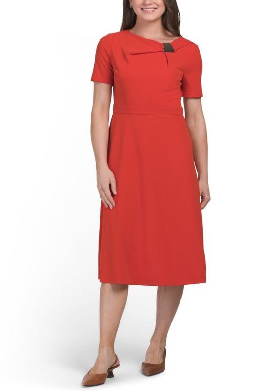 London Times Short Sleeve A-Line Midi Dress