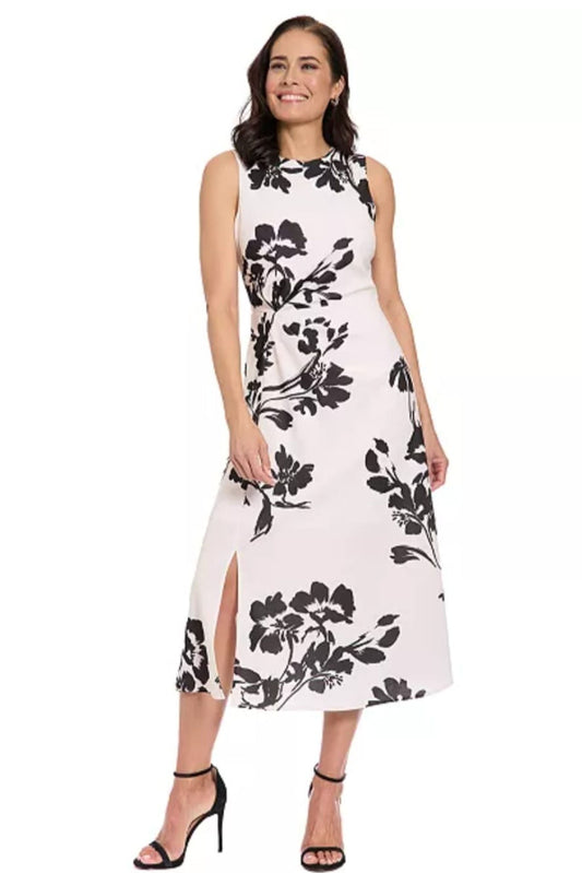 London Times Cream & Black Floral Sleeveless Midi A-Line Dress