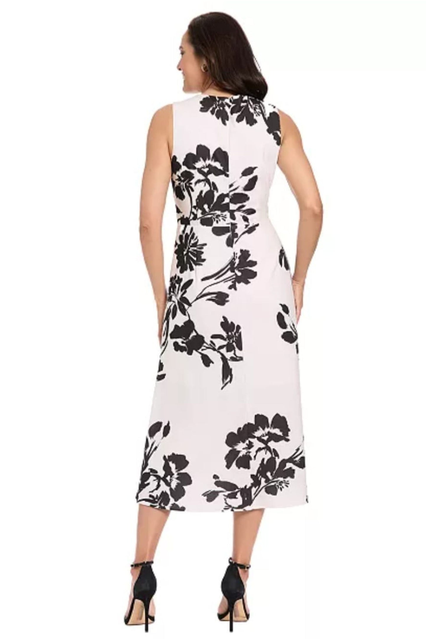 London Times Cream & Black Floral Sleeveless Midi A-Line Dress