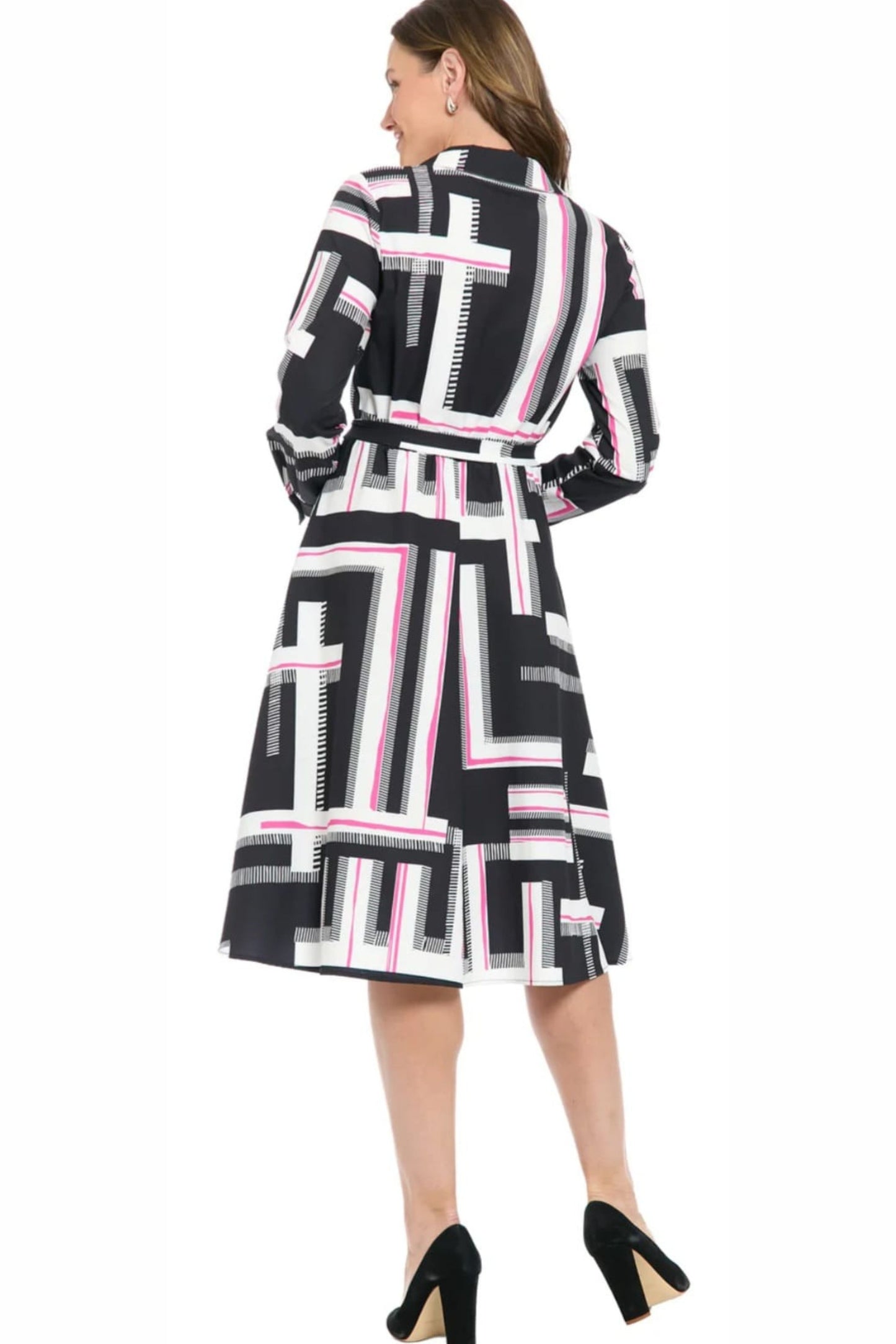 London Times Black & Pink Geometric Print Belted Shirtdress