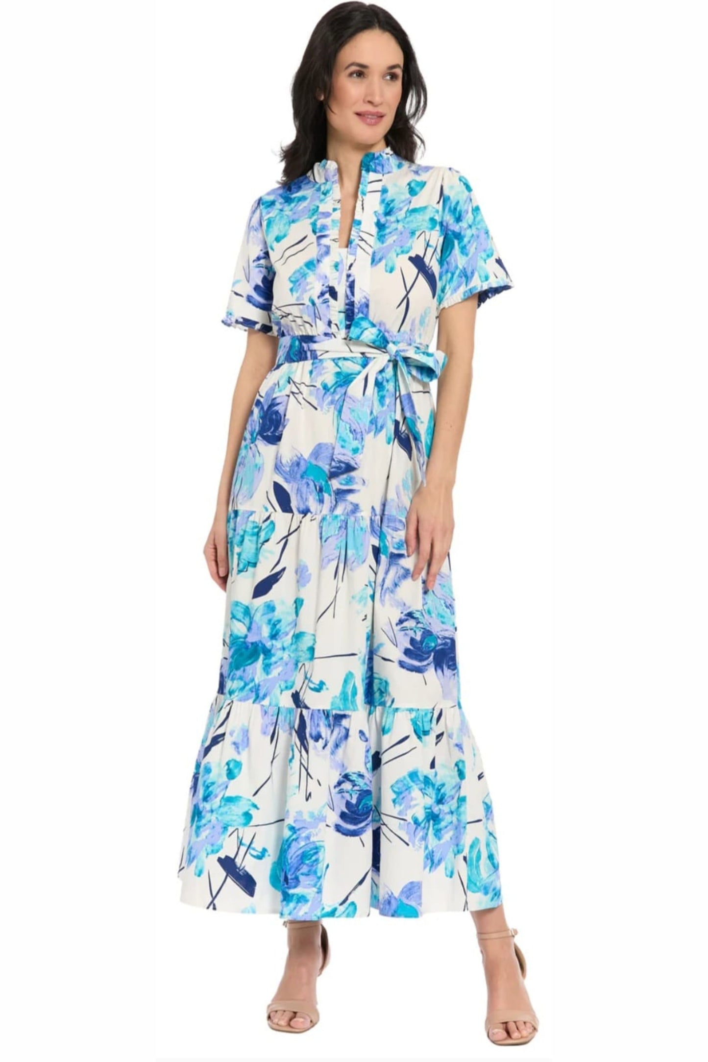 London Times Floral Ruffle-Neck Tiered Maxi Dress