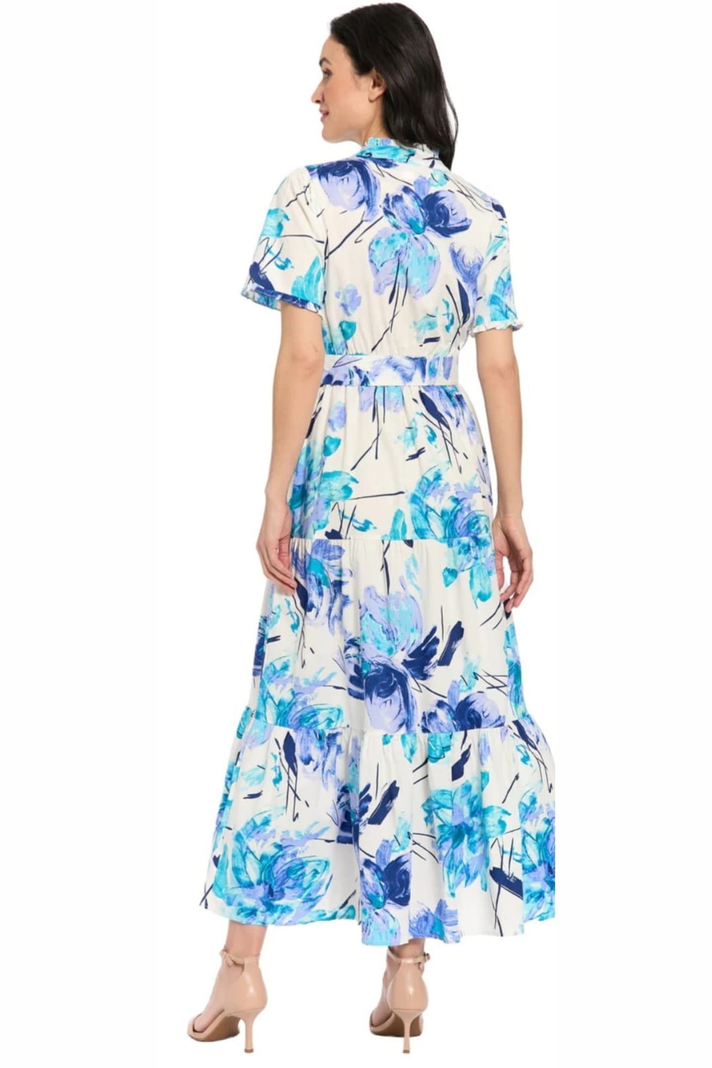 London Times Floral Ruffle-Neck Tiered Maxi Dress