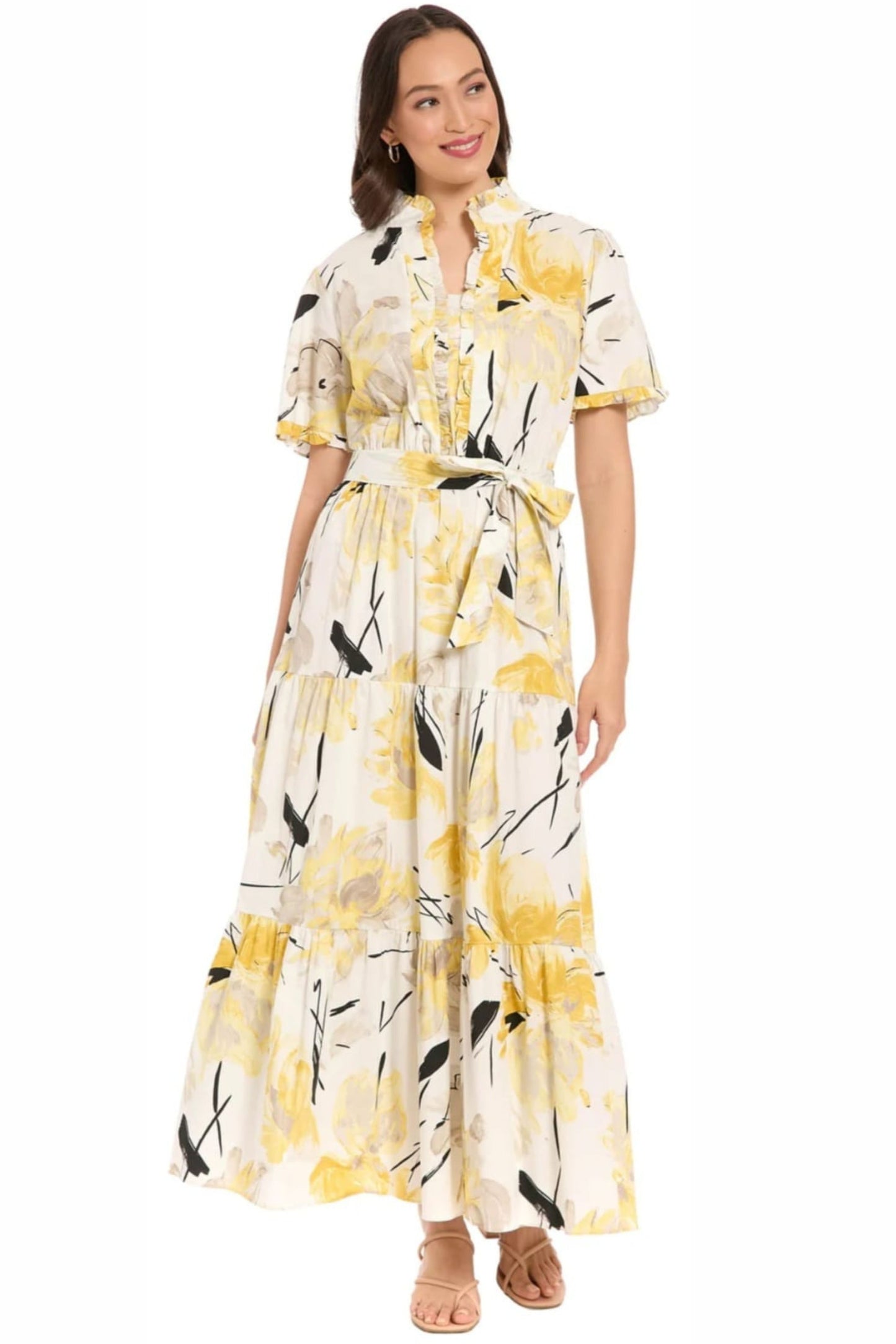 London Times Floral Ruffle-Neck Tiered Maxi Dress