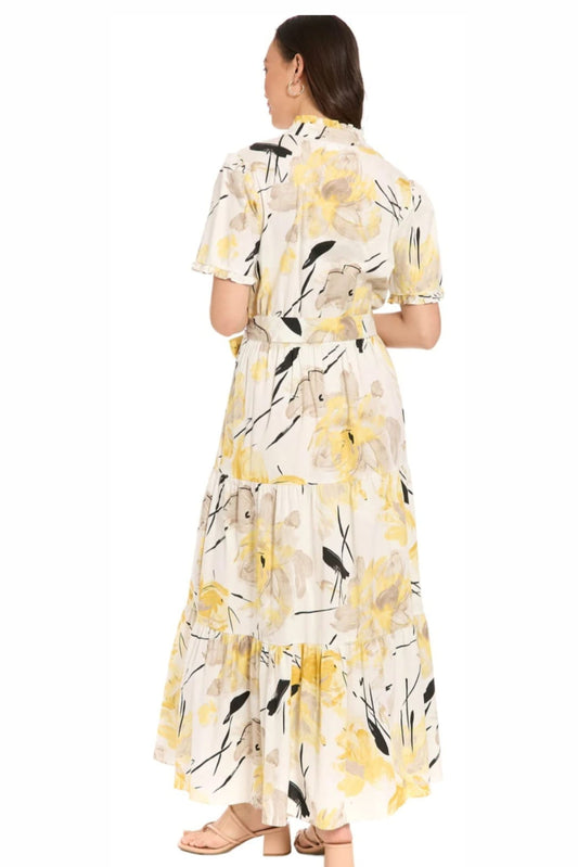 London Times Floral Ruffle-Neck Tiered Maxi Dress