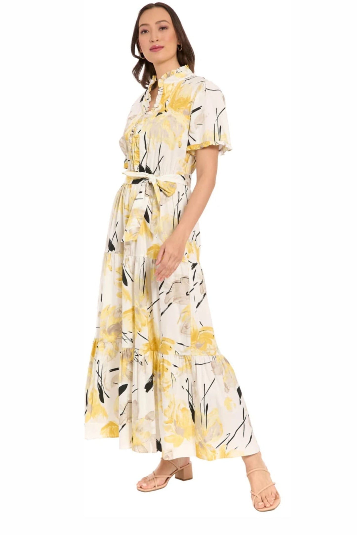 London Times Floral Ruffle-Neck Tiered Maxi Dress