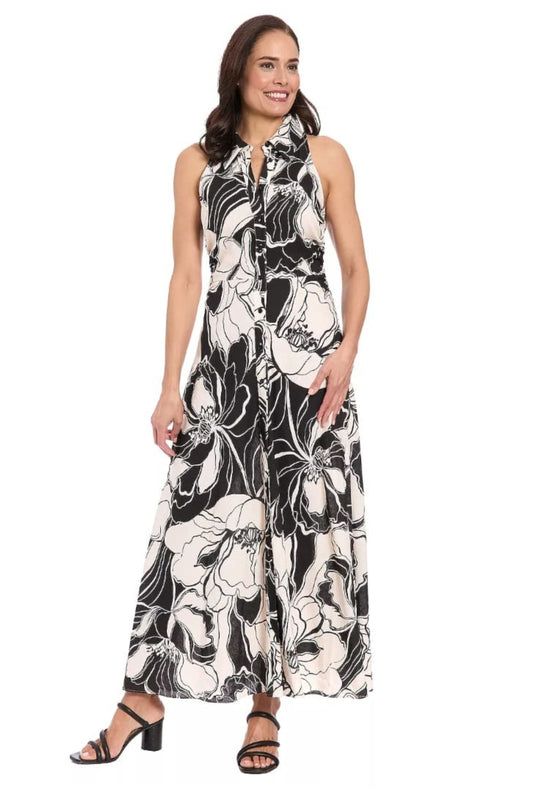 London Times Black & Beige Floral Flutter-Sleeve Midi Dress