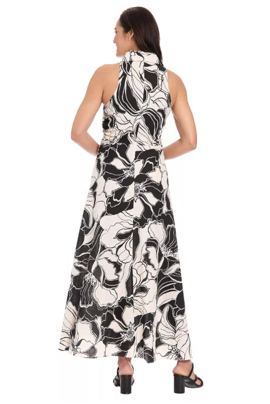 London Times Black & Beige Floral Flutter-Sleeve Midi Dress