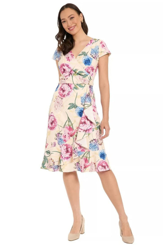 London Times Anne Cap-Sleeve Flounce-Hem Ruffle Wrap Dress