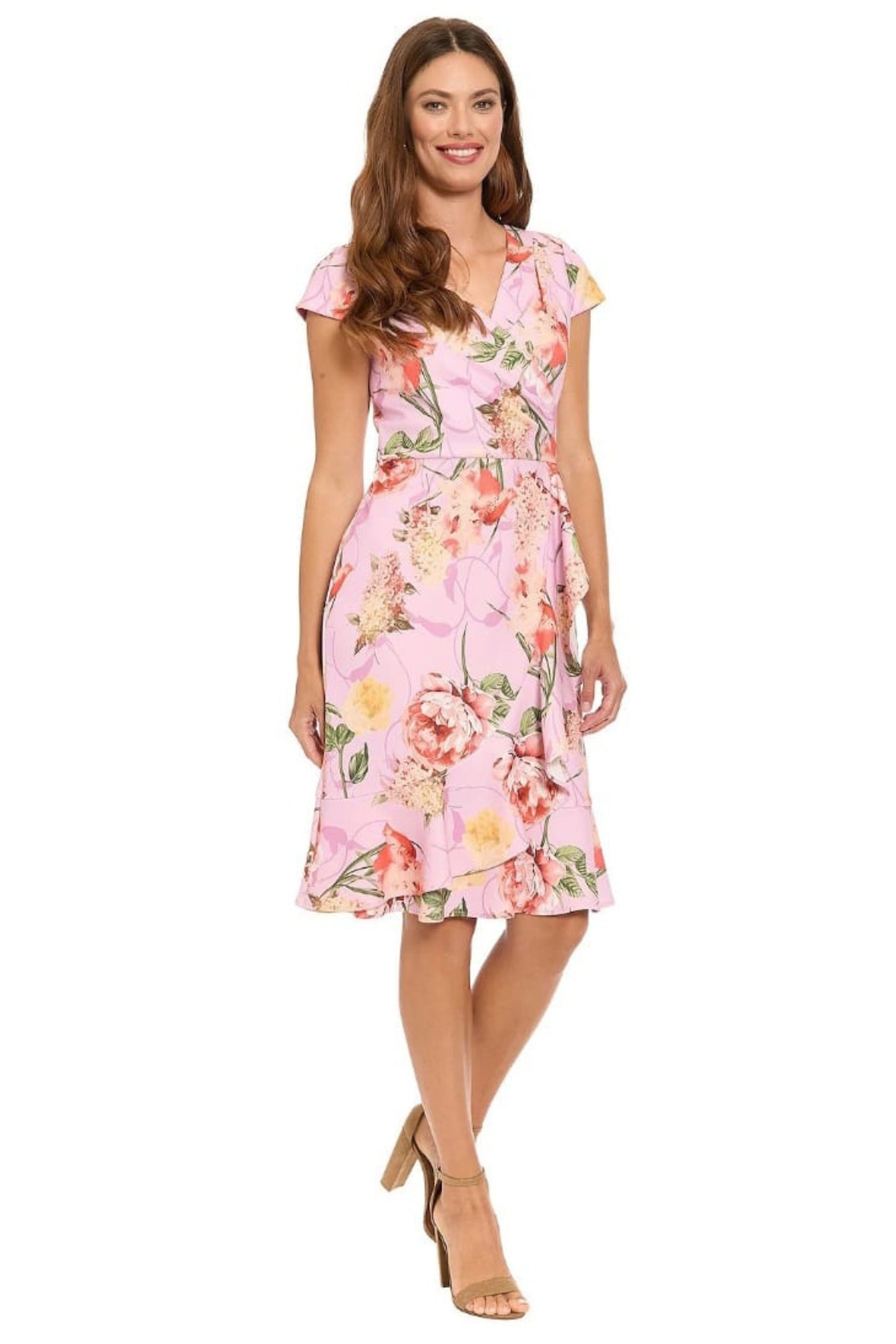 London Times Anne Cap-Sleeve Flounce-Hem Ruffle Wrap Dress