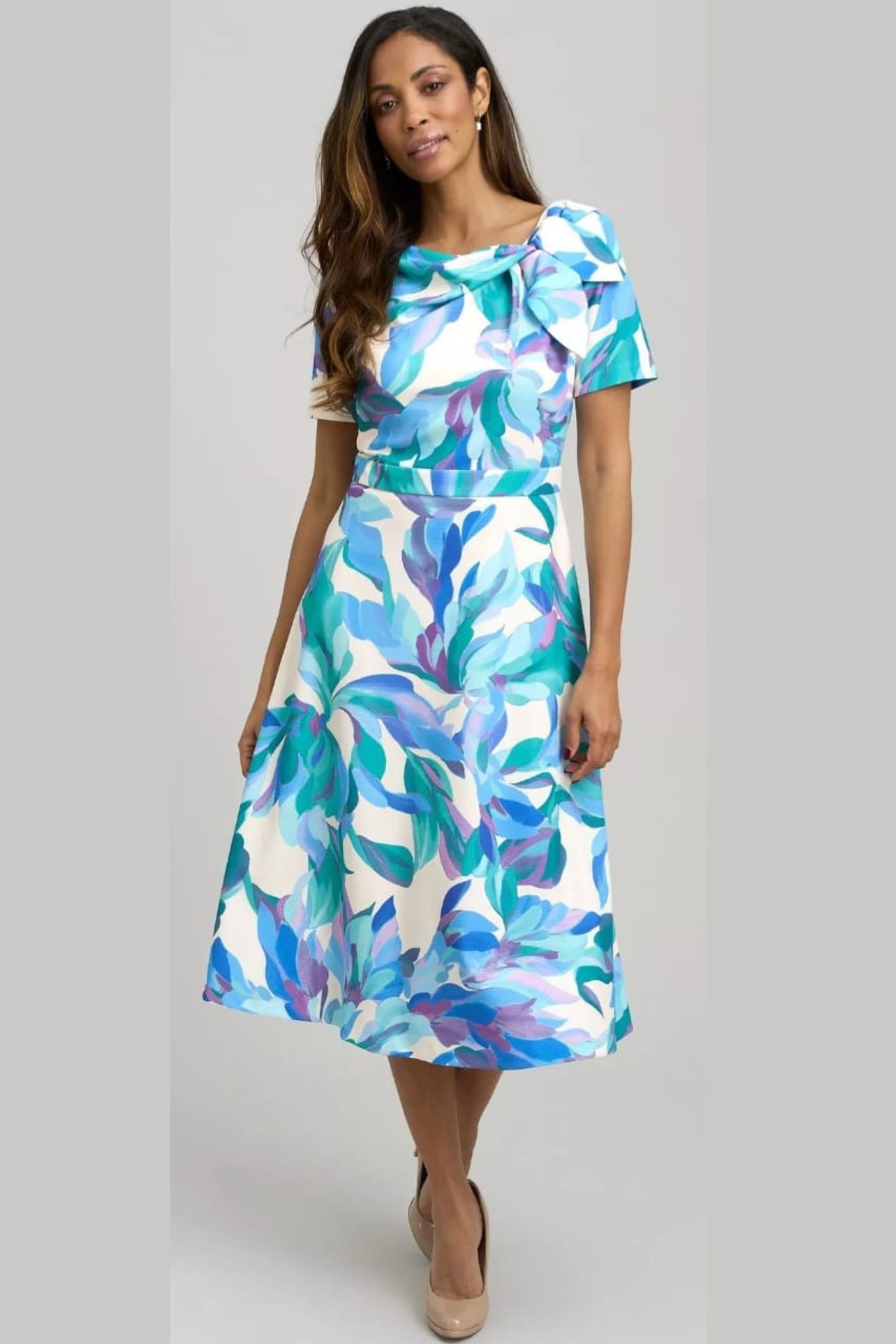 London Times Ivory & Blue Floral Bow-Accent Midi Dress