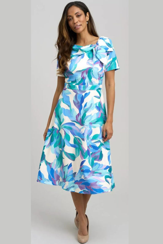 London Times Ivory & Blue Floral Bow-Accent Midi Dress