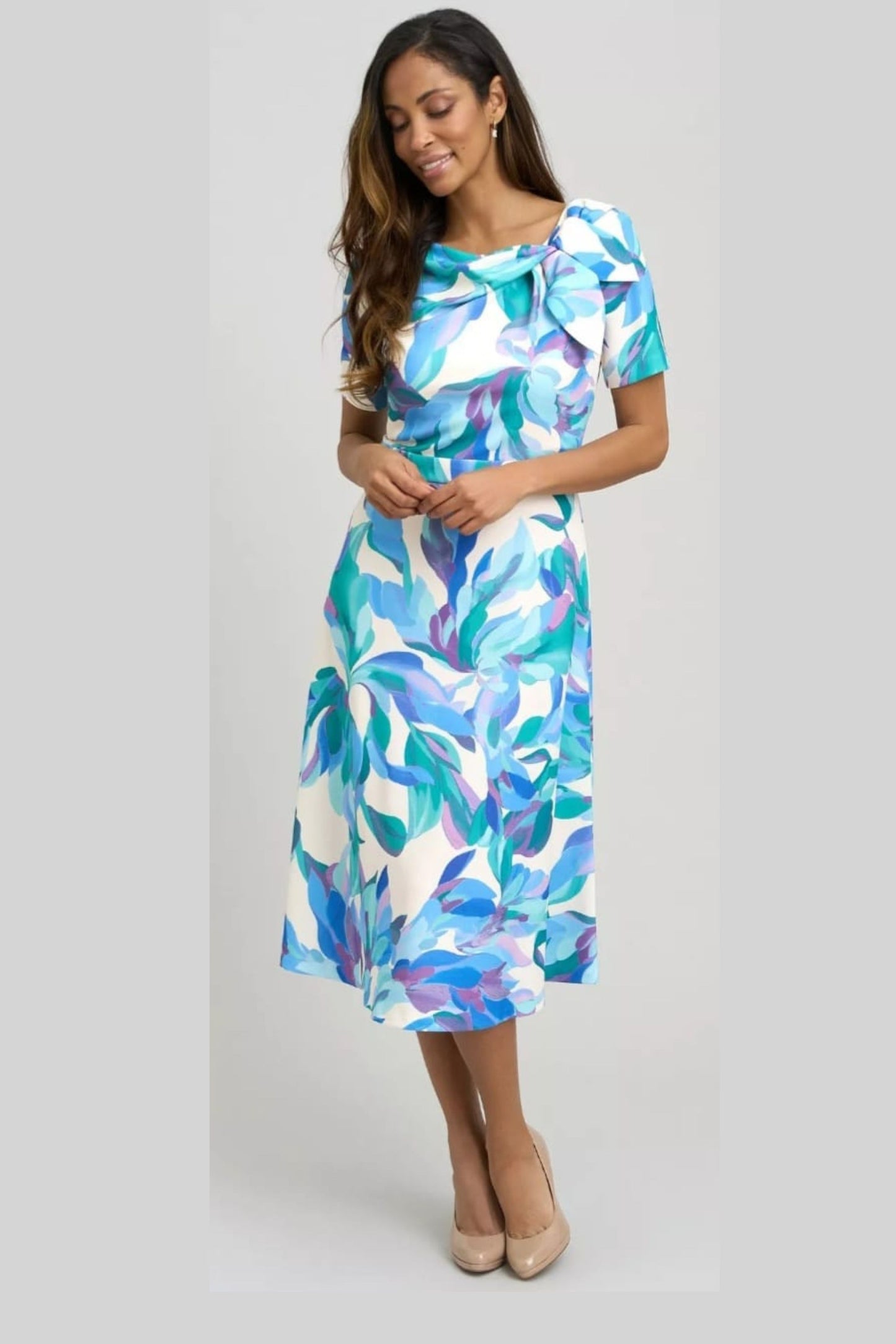 London Times Ivory & Blue Floral Bow-Accent Midi Dress