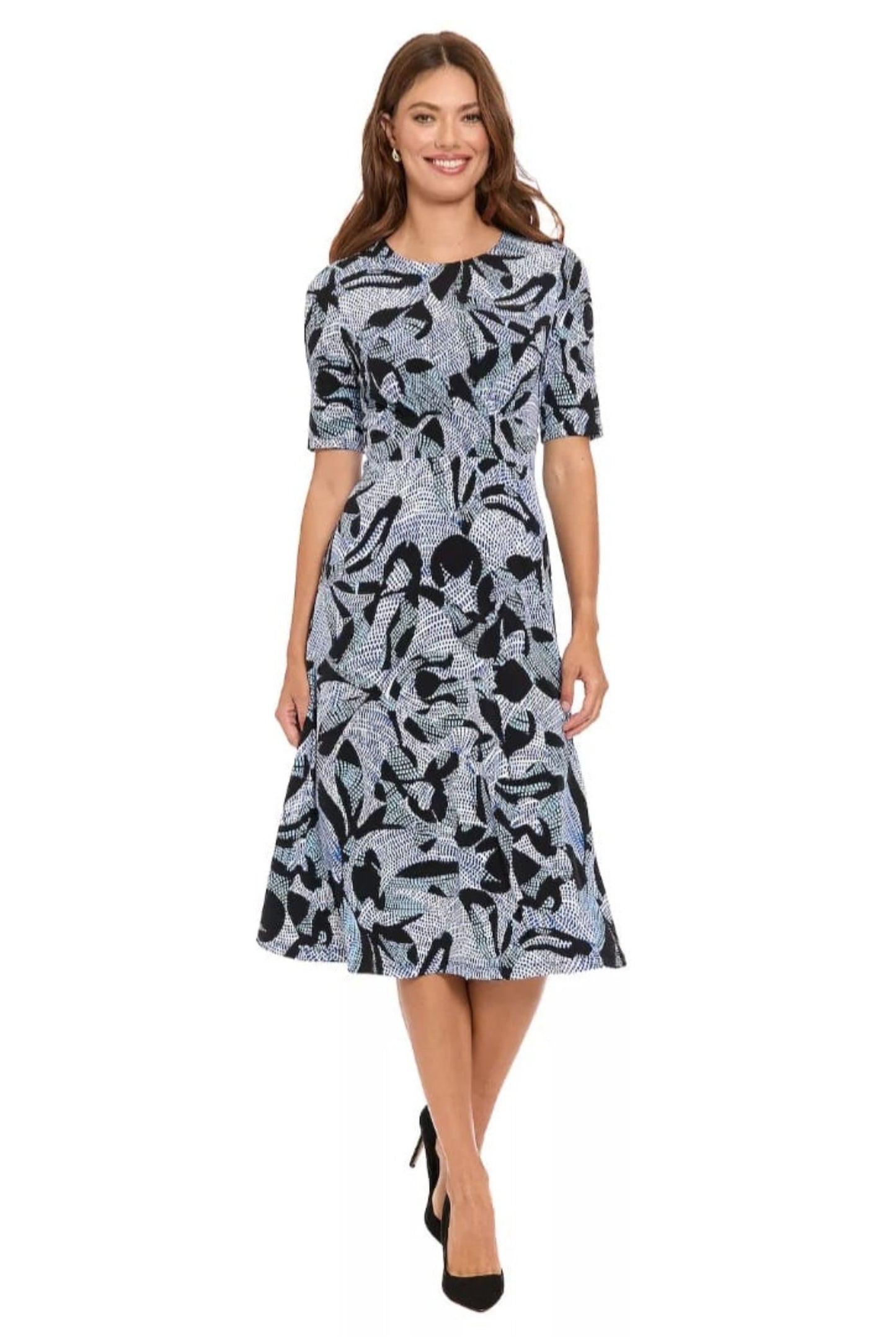 London Times Black and Blue Abstract Crewneck Midi Dress