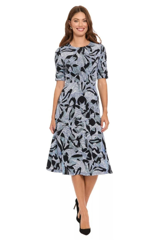 London Times Black and Blue Abstract Crewneck Midi Dress