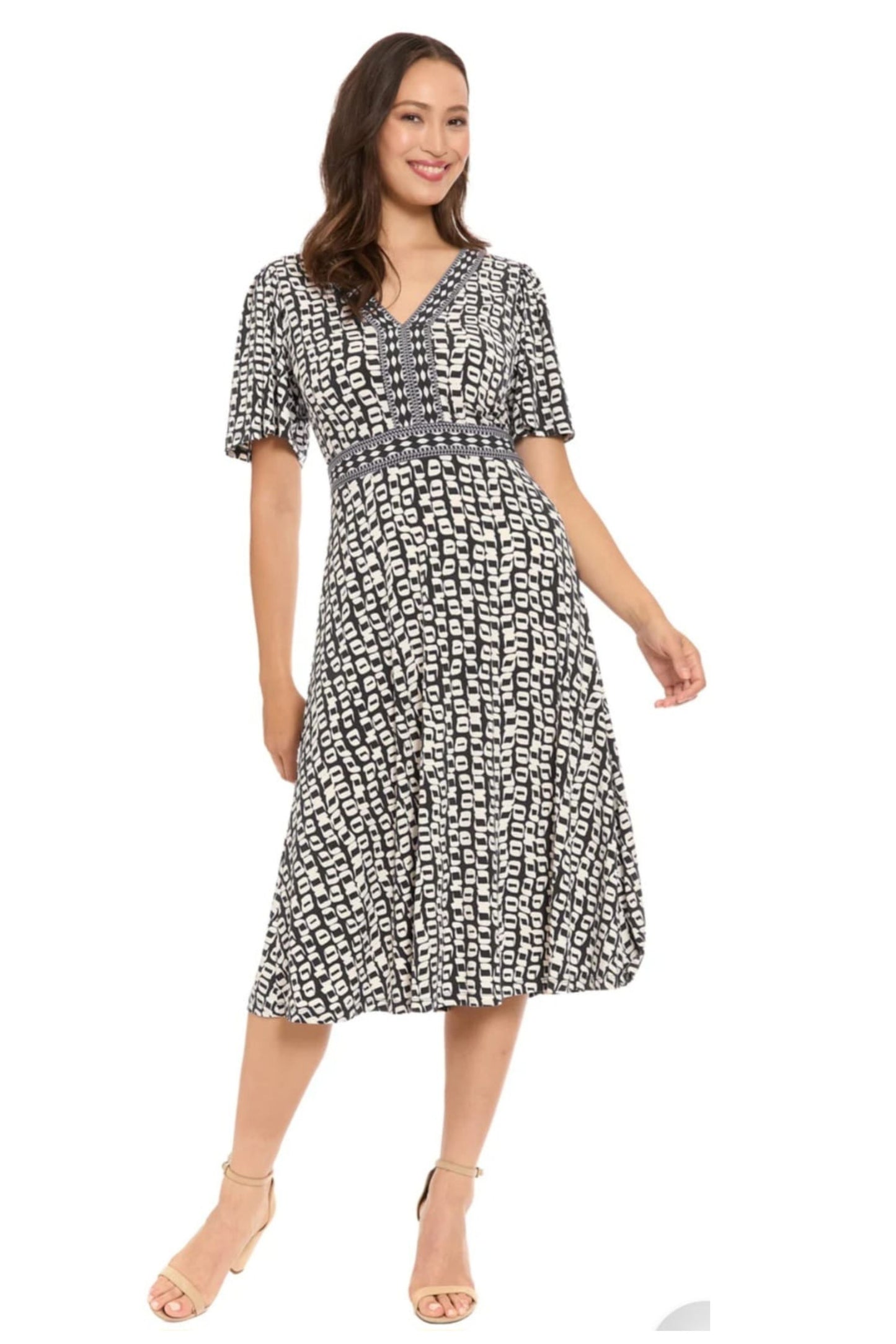 London Times Framed V-Neck Flutter-Sleeve Flare Dress
