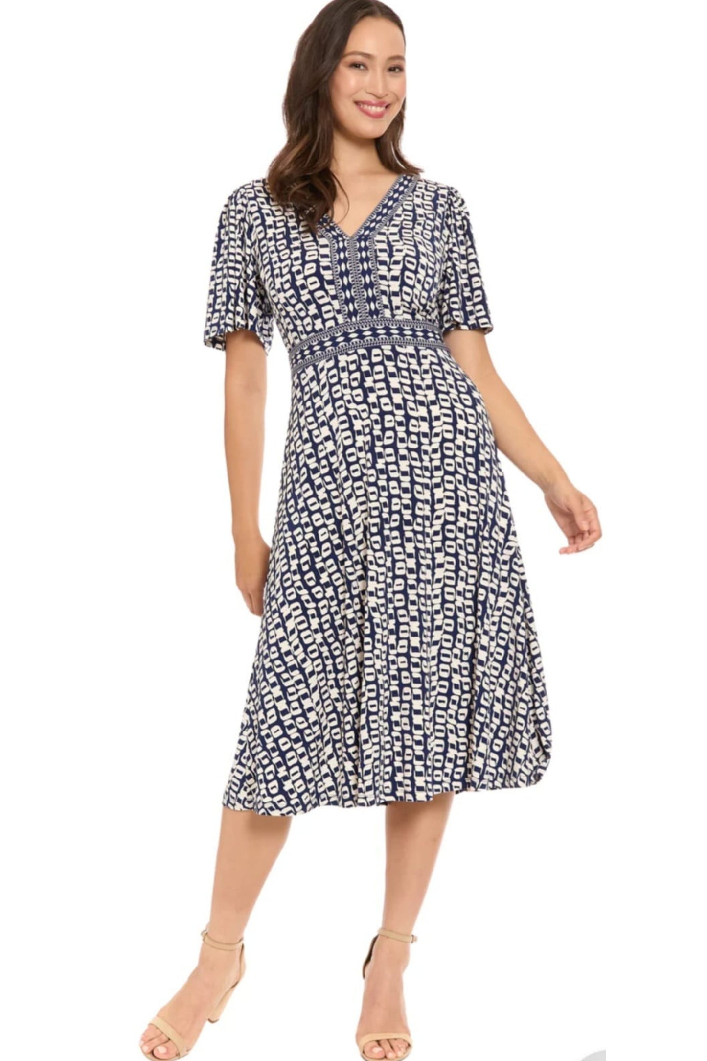 London Times Framed V-Neck Flutter-Sleeve Flare Dress
