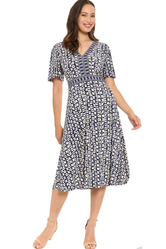 London Times Framed V-Neck Flutter-Sleeve Flare Dress