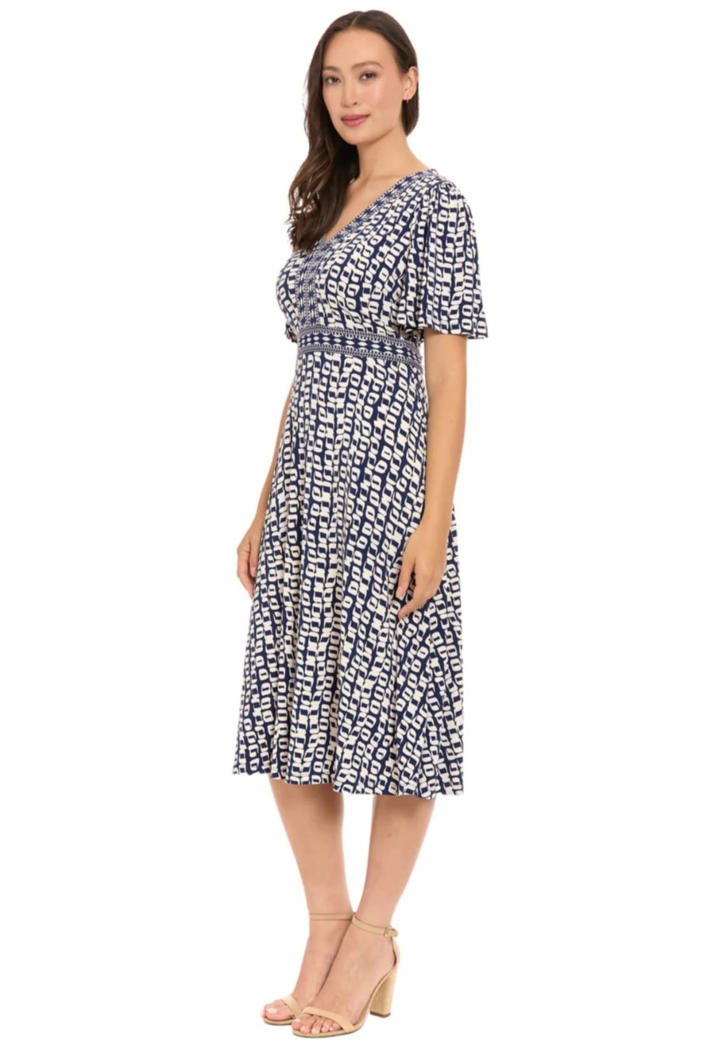 London Times Framed V-Neck Flutter-Sleeve Flare Dress
