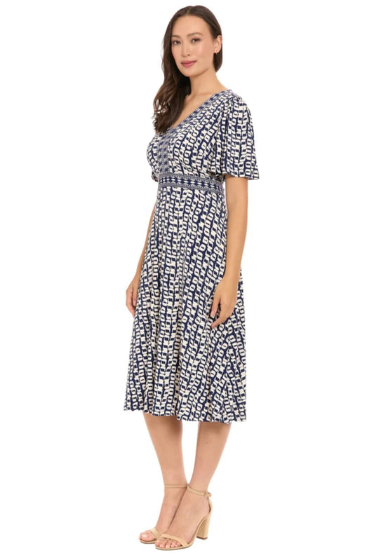 London Times Framed V-Neck Flutter-Sleeve Flare Dress