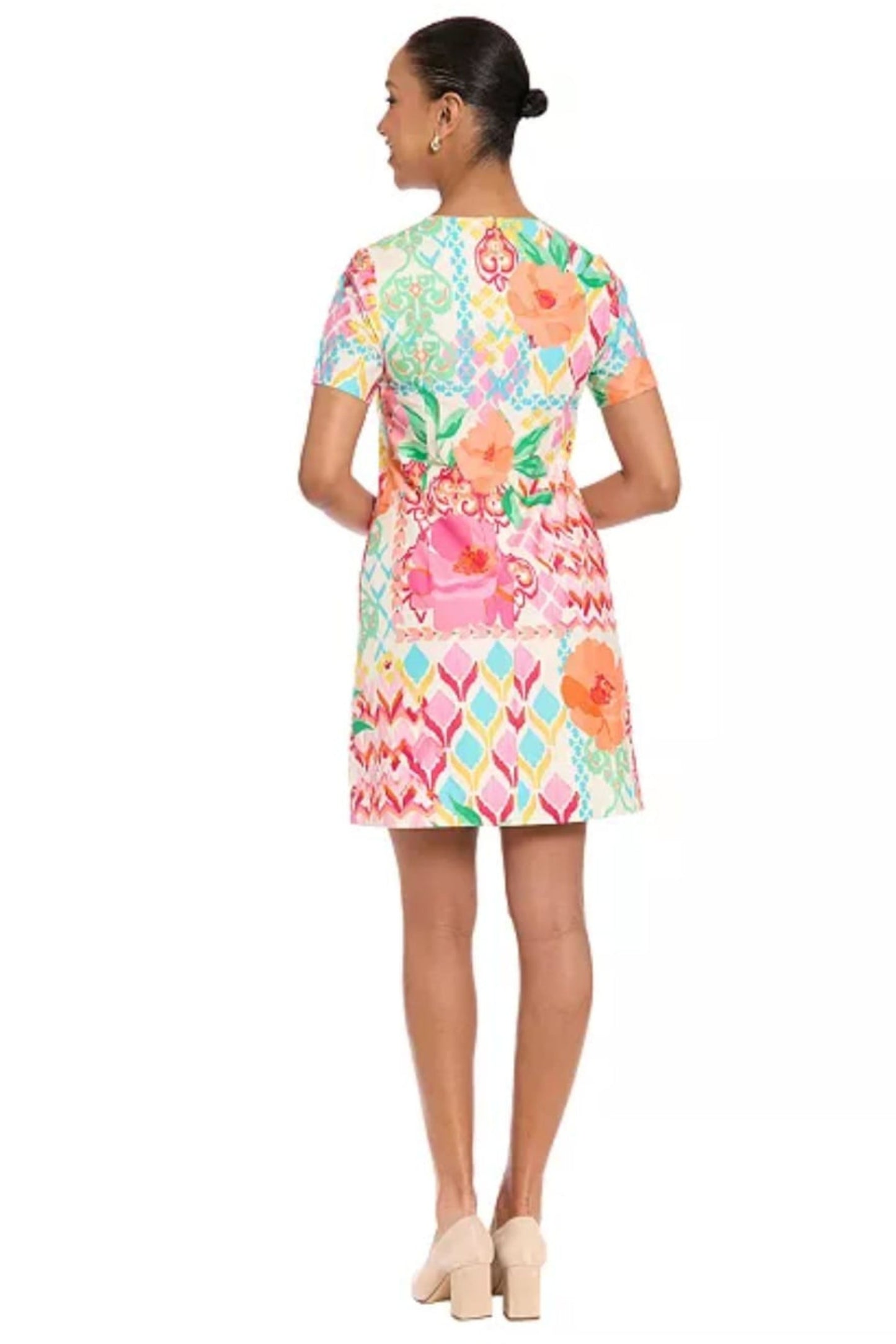 London Times White & Pink Floral V-Neck Pleated Midi Dress
