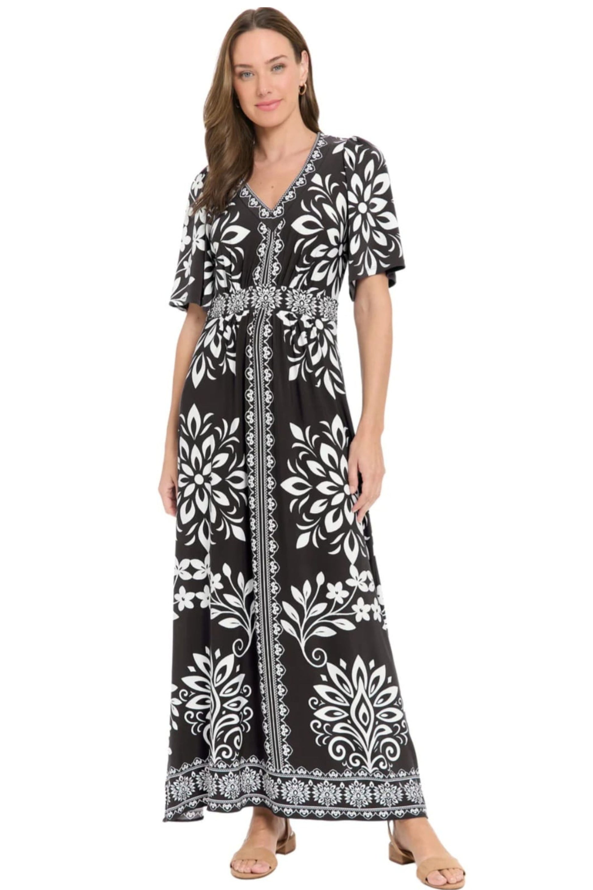 London Times Black & White Floral Tile Maxi Dress – New Yorker's Apparel