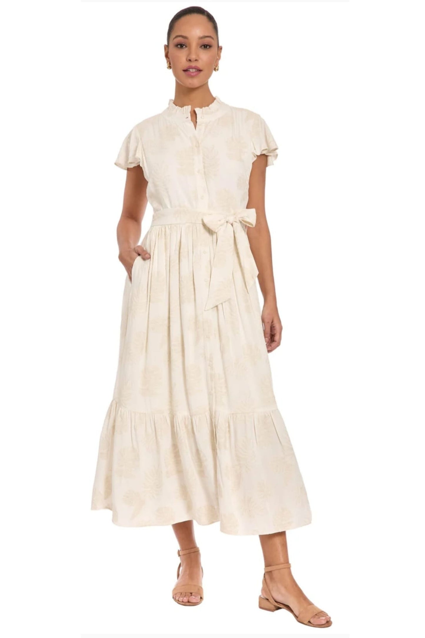 London Times Ivory Tan Linen-Blend Floral Ruffle Midi Dress