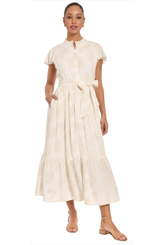 London Times Ivory Tan Linen-Blend Floral Ruffle Midi Dress
