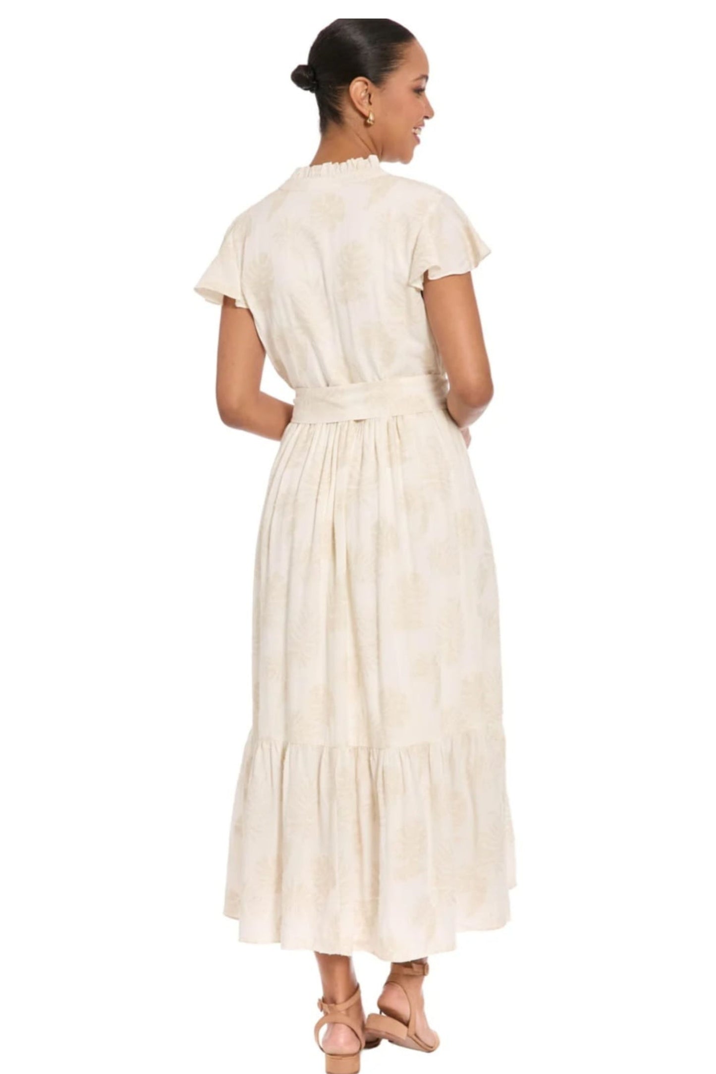 London Times Ivory Tan Linen-Blend Floral Ruffle Midi Dress