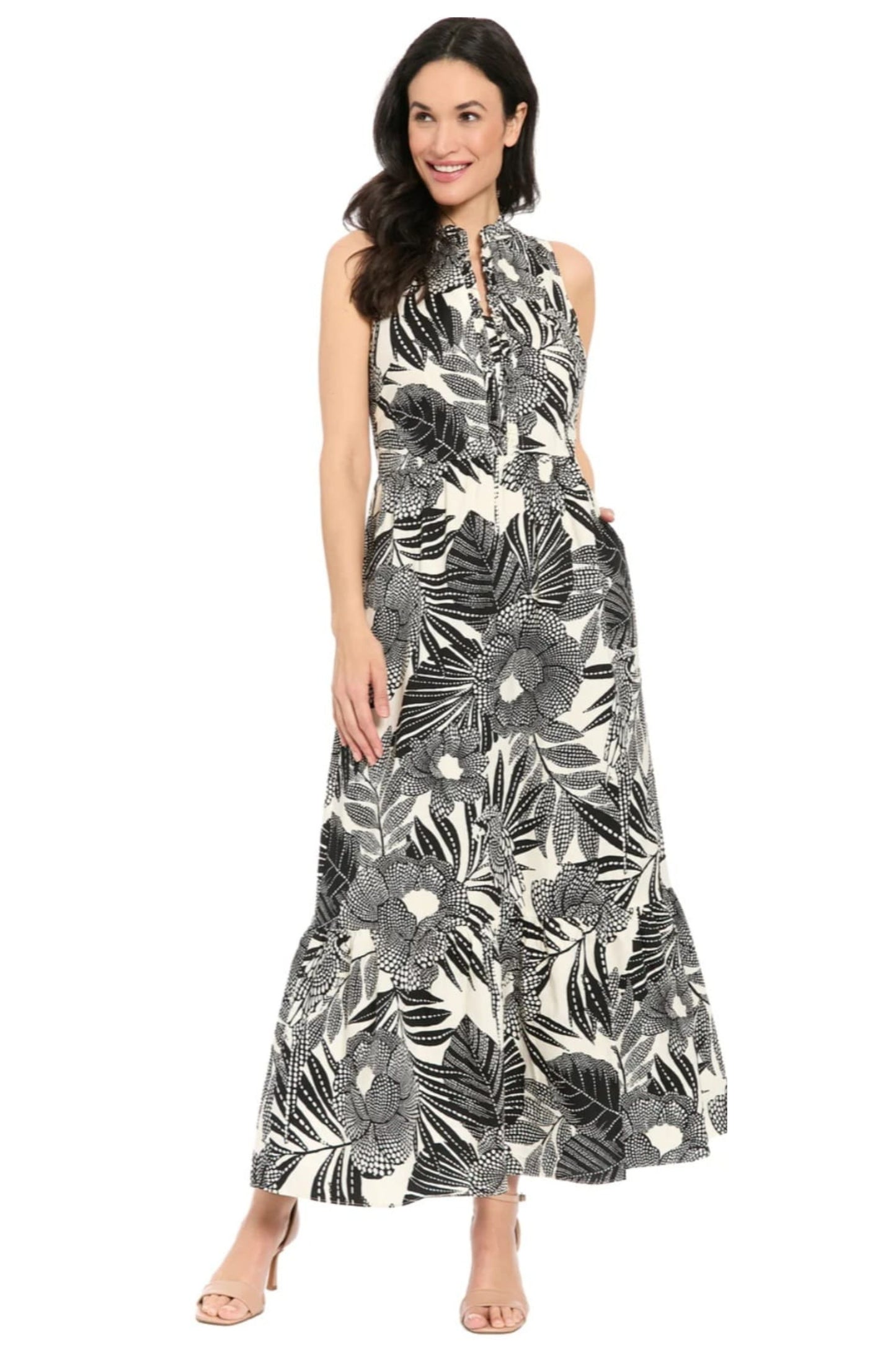 London Times Black and White Tropical Floral Halter Maxi Dress