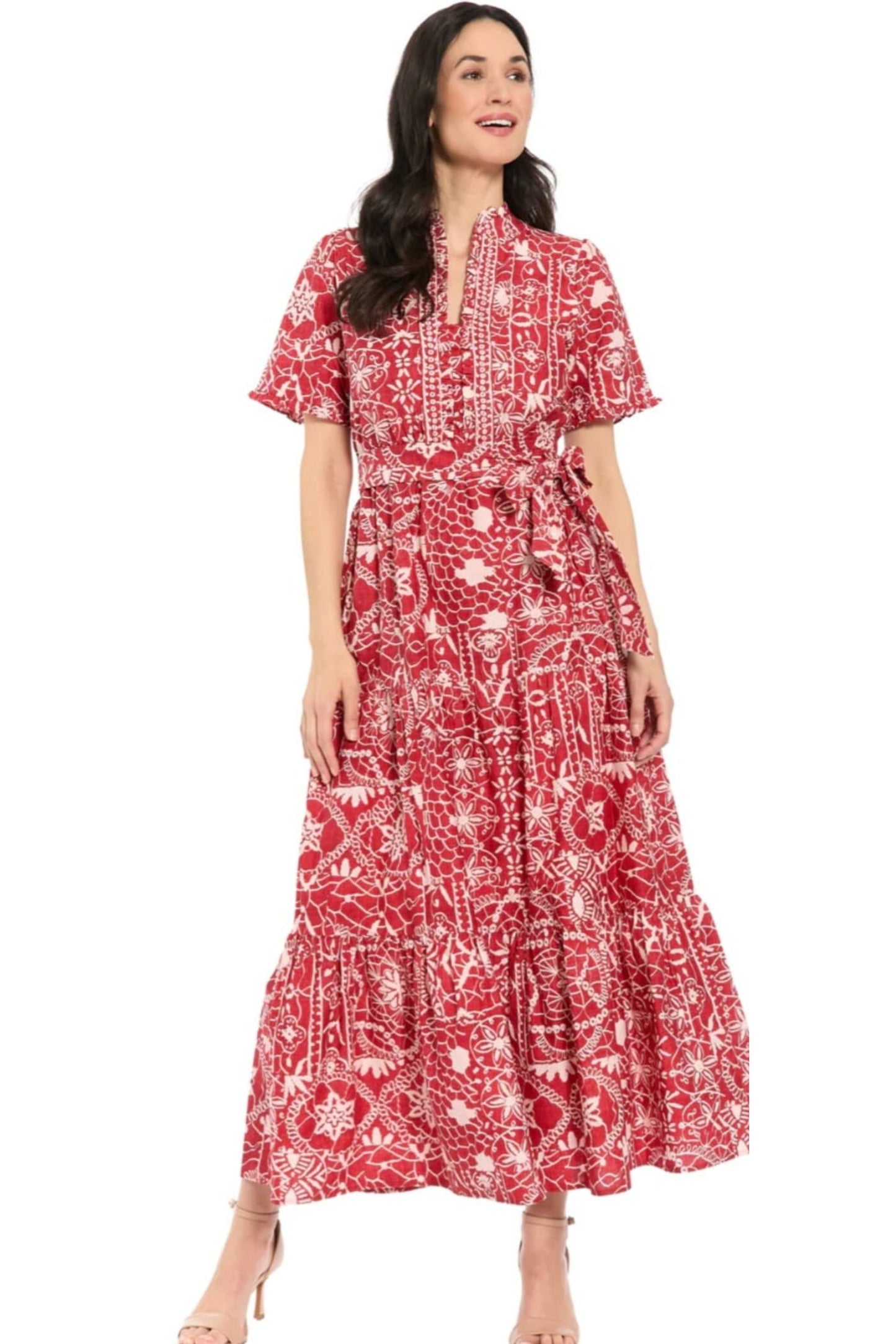 London Times Printed Flutter-Sleeve Maxi Dress