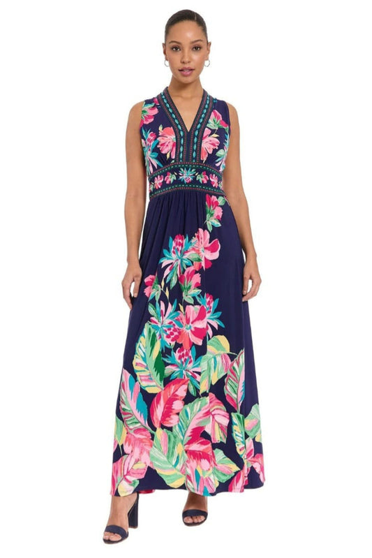 London Times Navy Pink Tropical Border-Print Maxi Dress