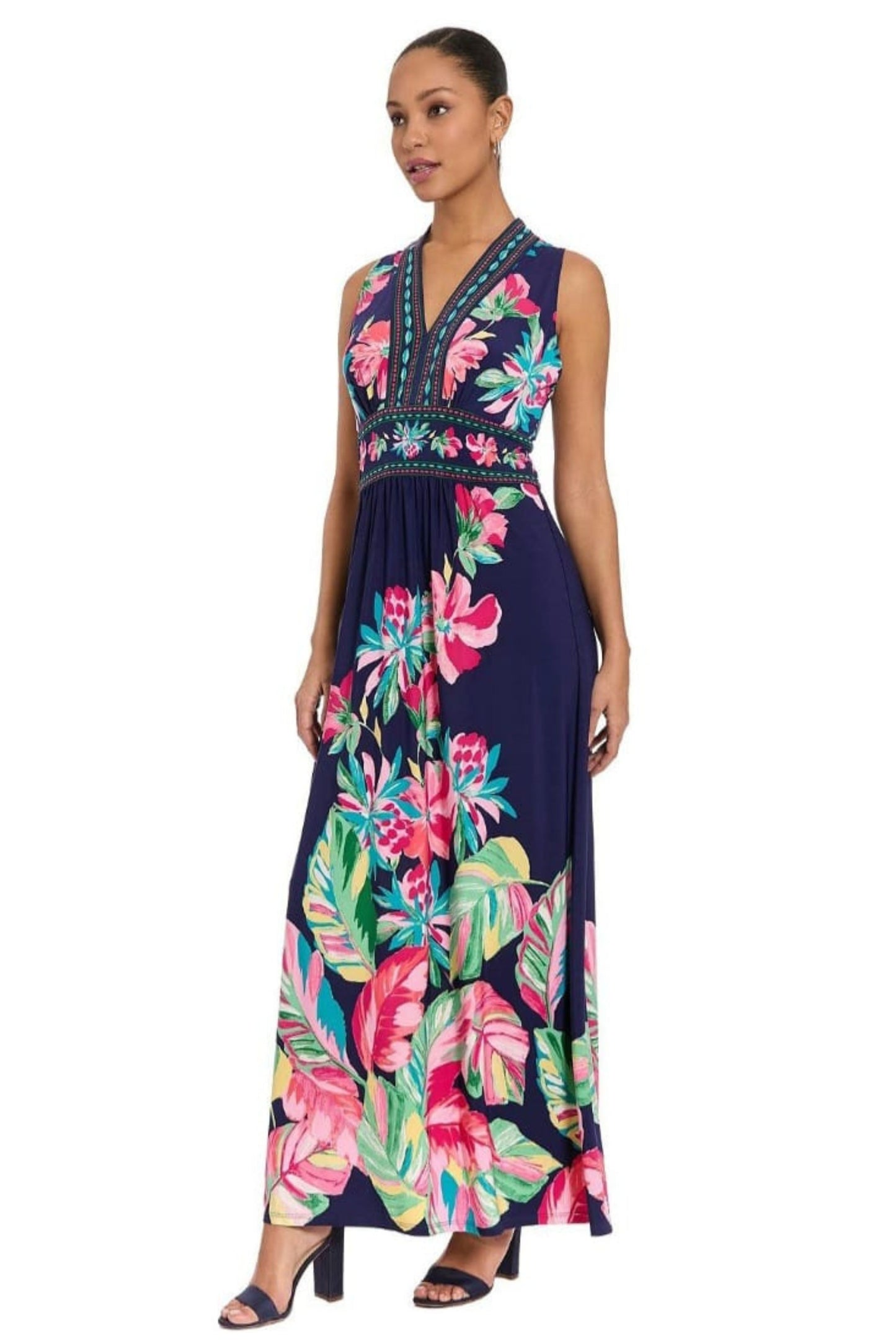 London Times Navy Pink Tropical Border-Print Maxi Dress