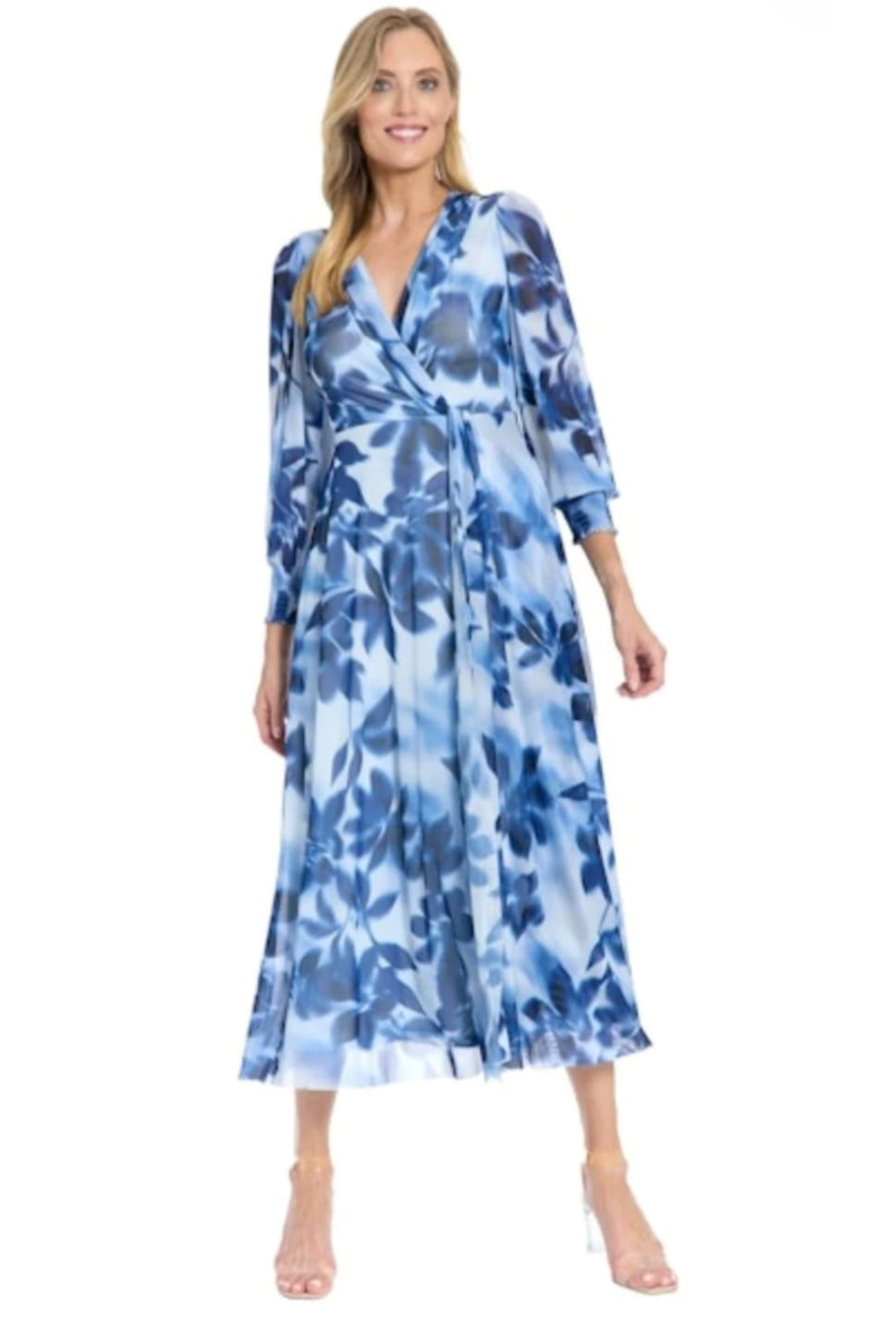London Times Light Blue Floral Watercolor Midi Dress