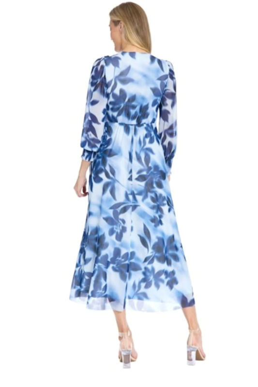 London Times Light Blue Floral Watercolor Midi Dress