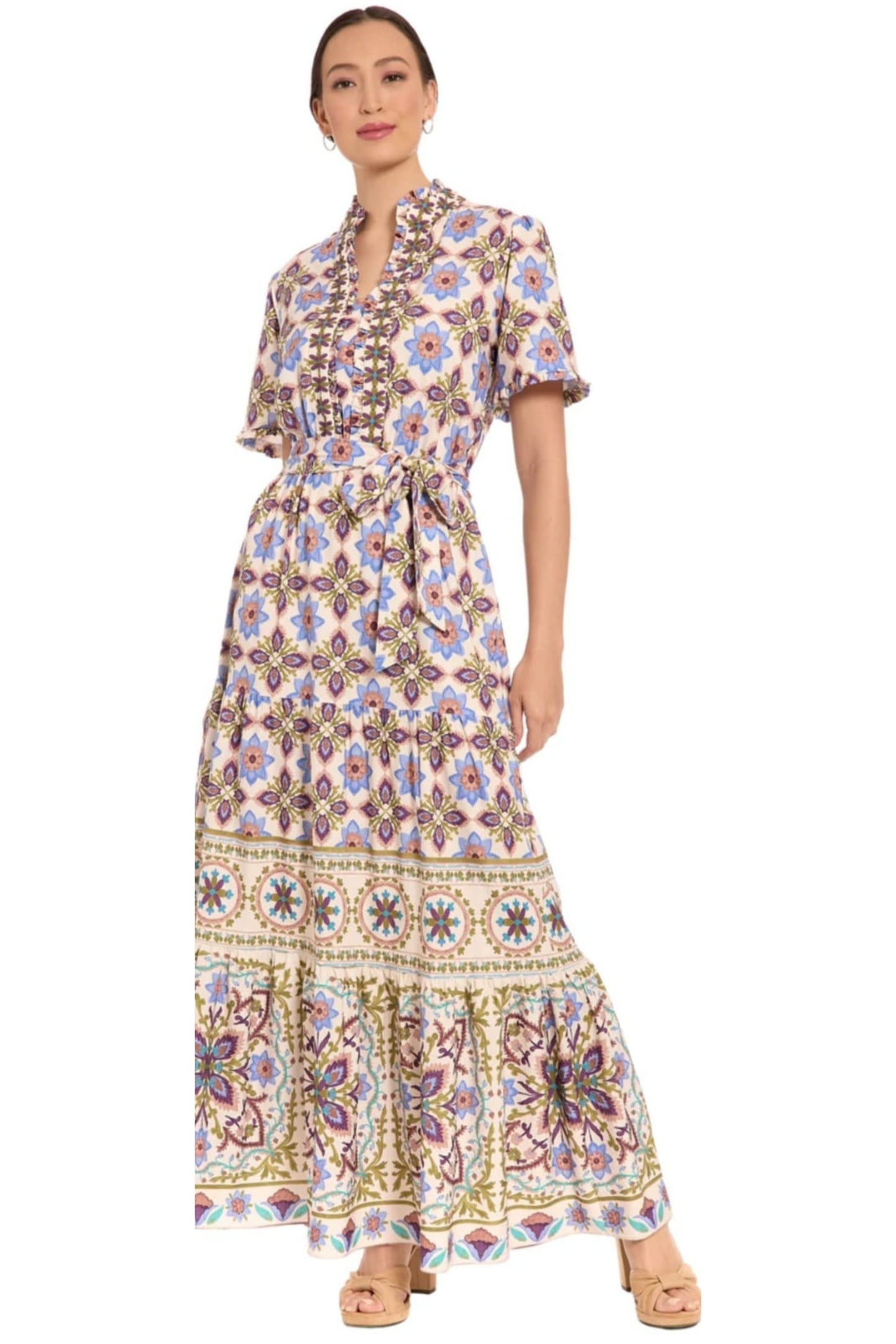 London Times Cream Lavender Geometric Tile Print Maxi Dress