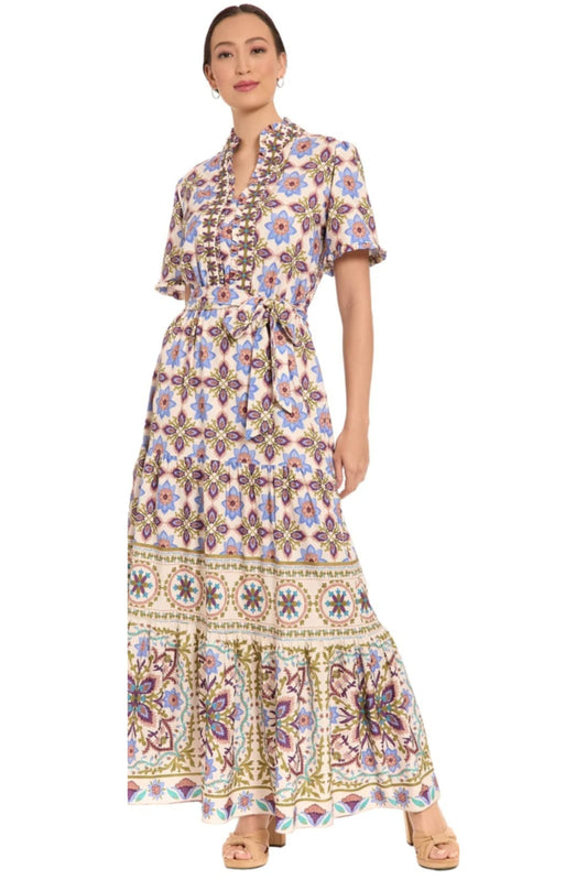 London Times Cream Lavender Geometric Tile Print Maxi Dress