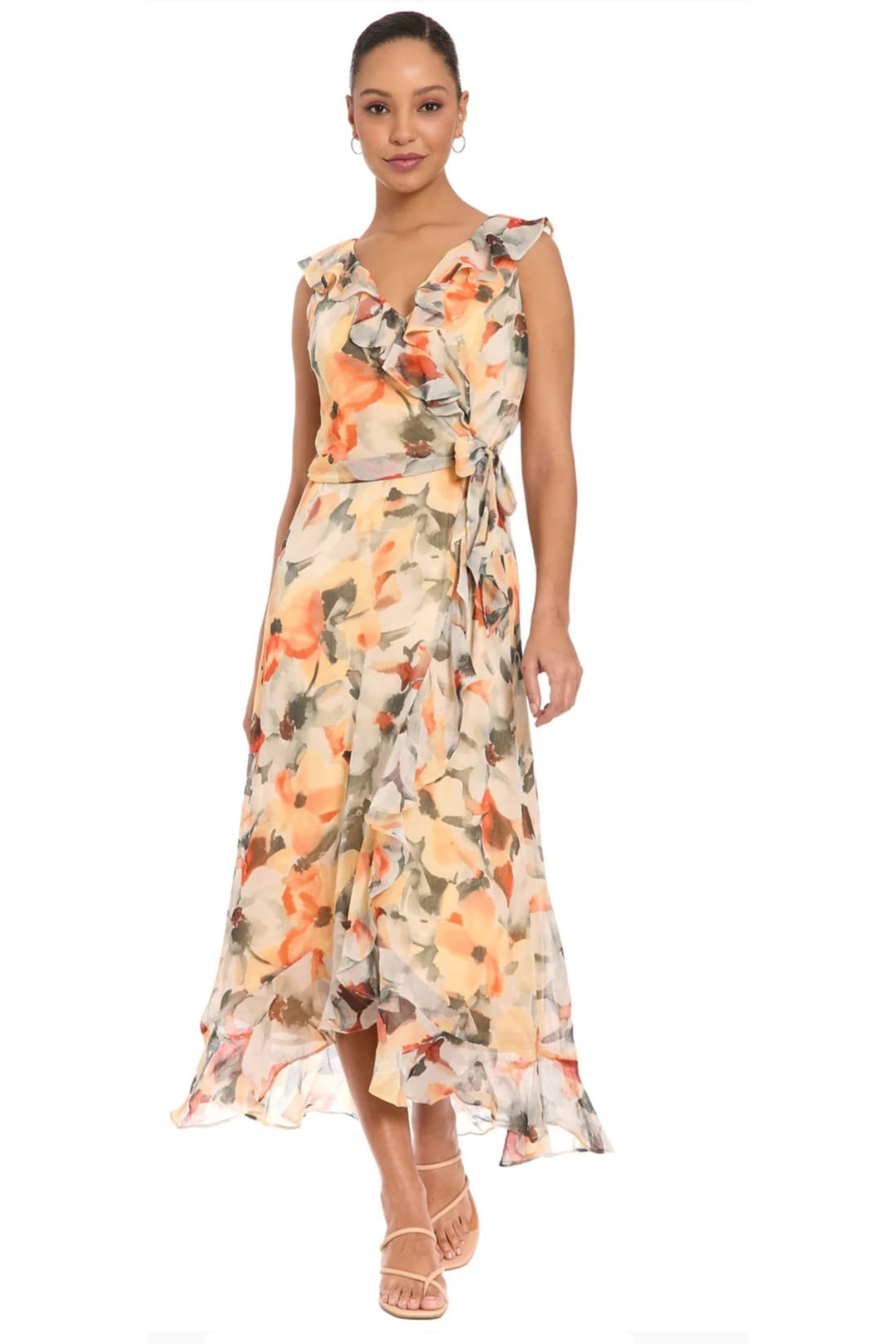 London Times Floral Ruffle V-Neck High-Low Midi Dress