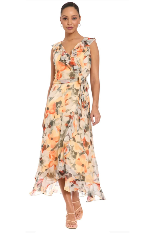 London Times Floral Ruffle V-Neck High-Low Midi Dress